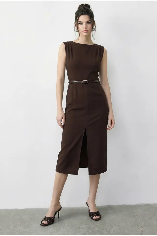 LUCCI Belted Midi Pencil Dress with Boat Neck