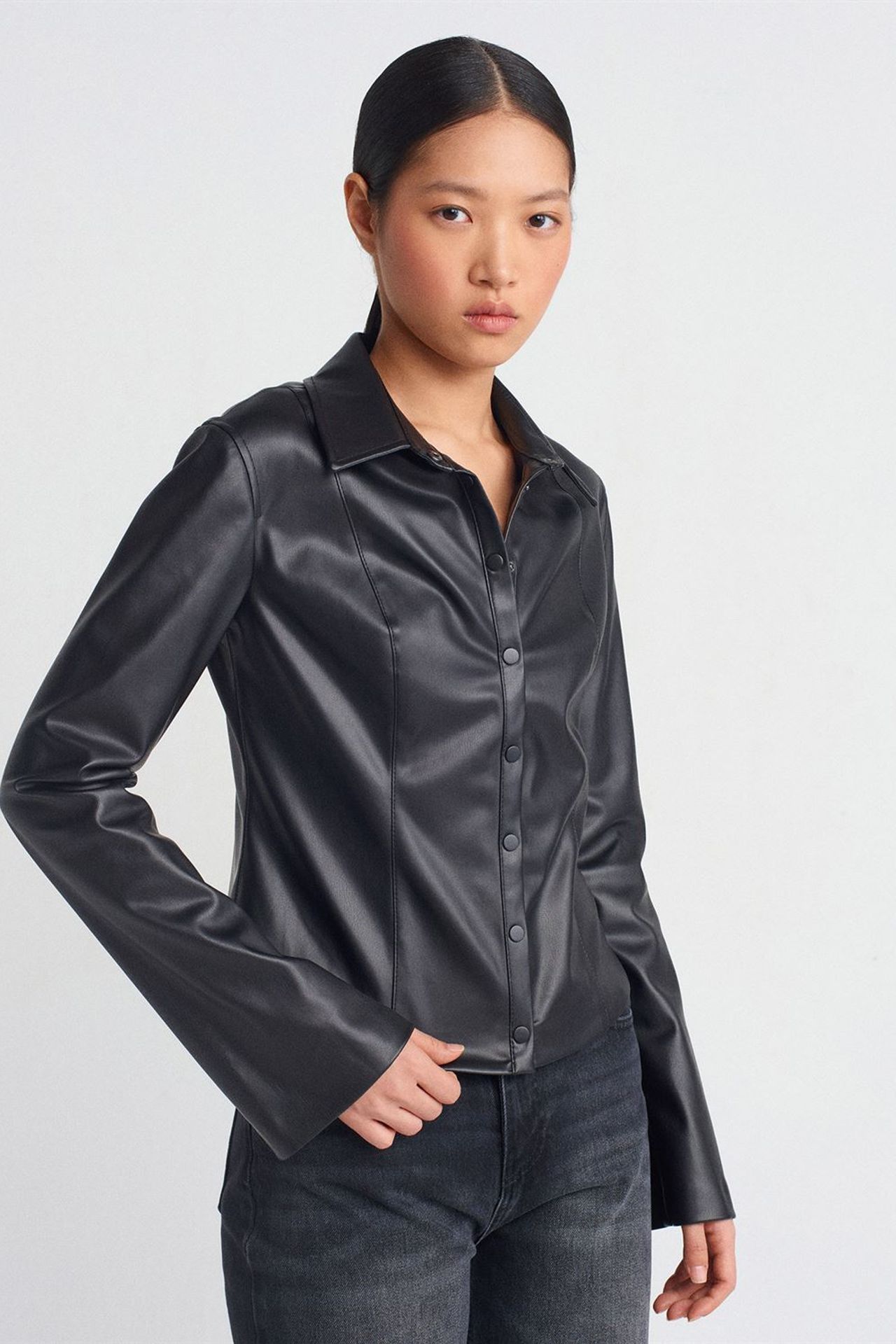 DILVIN Slim Fit Faux Leather Shirt 1