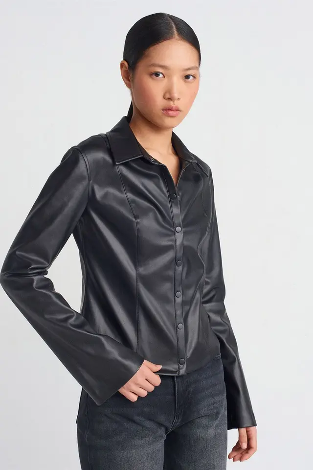 DILVIN Slim Fit Faux Leather Shirt