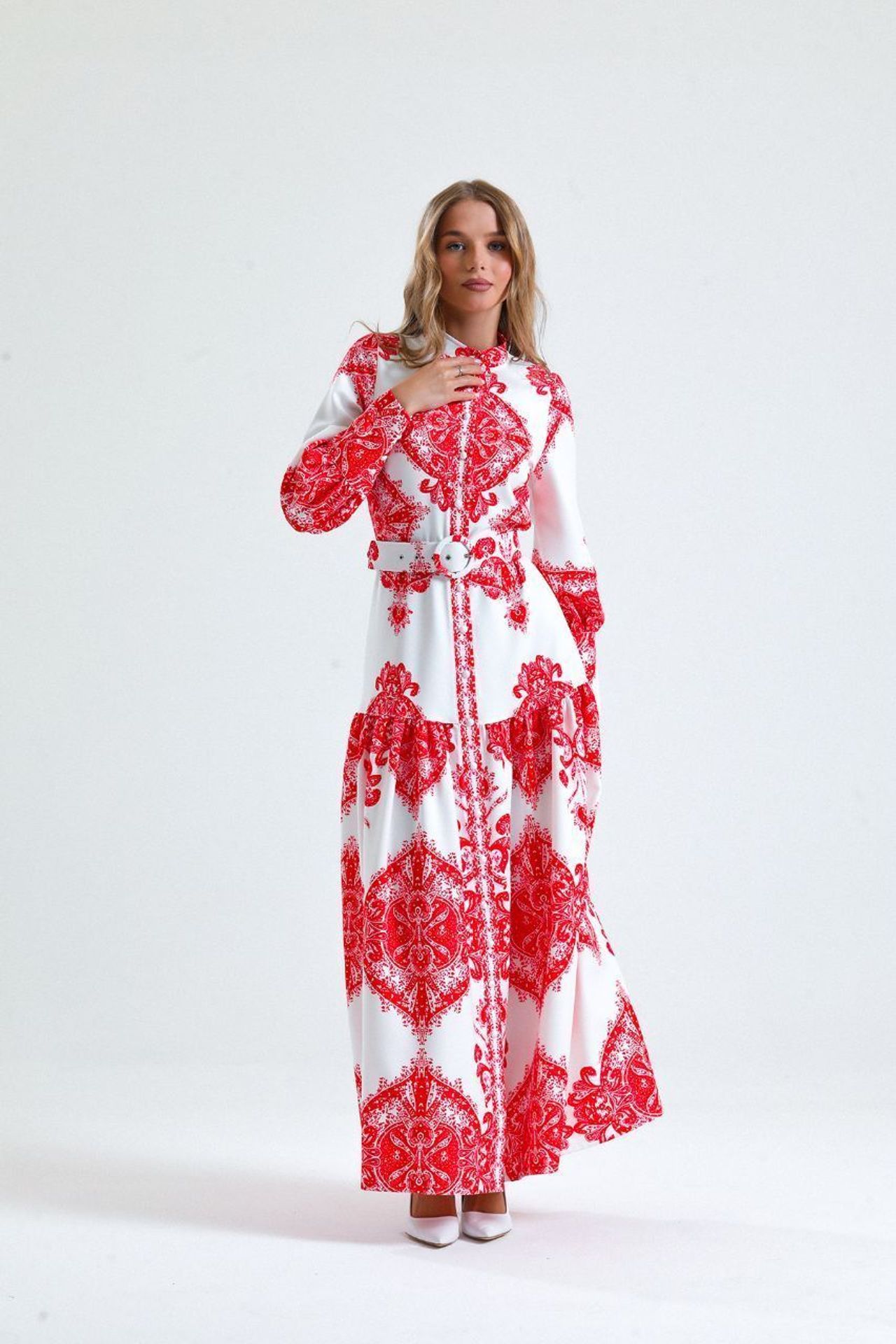 MSN Paisley Print Belted Maxi Dress with Shirt Collar