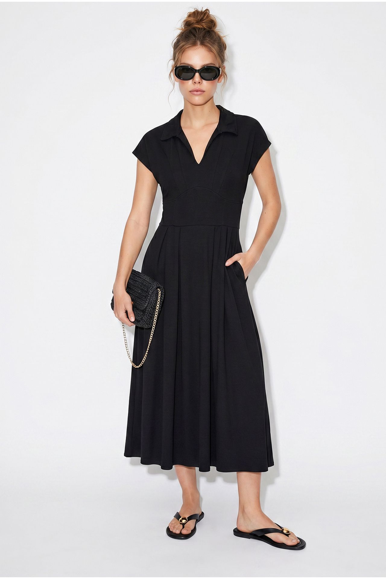 LUCCI A-line Midi Jersey Dress With Polo Collar 5