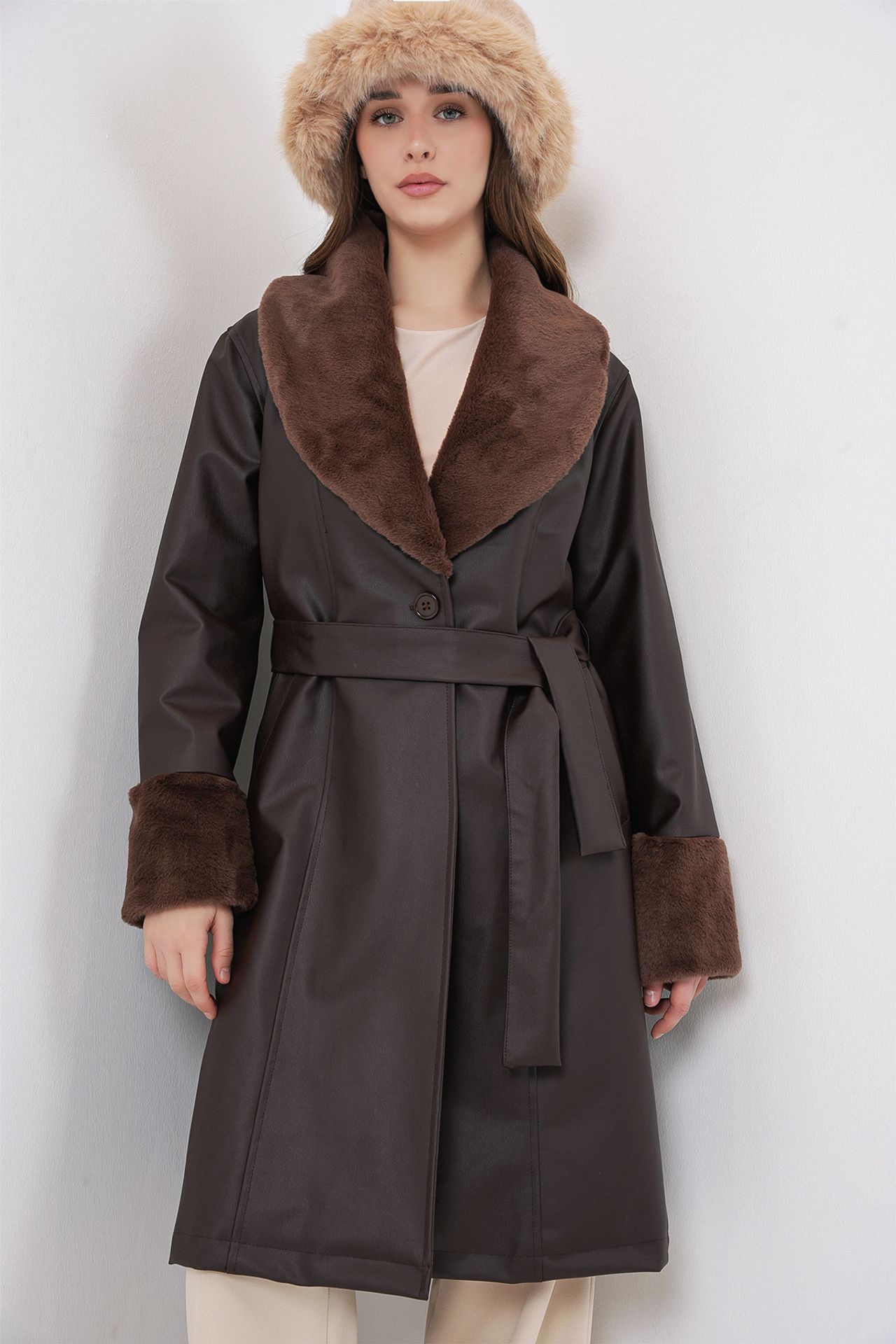 BDART Long Faux Leather Coat with Shawl Collar
