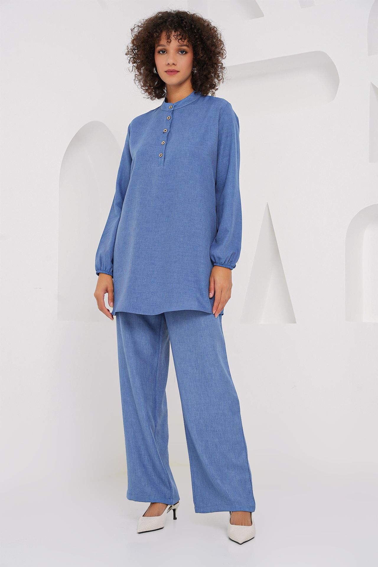 BDART Textured Linen Blend Long Sleeve Tunic and Wide Leg Pants Set 1