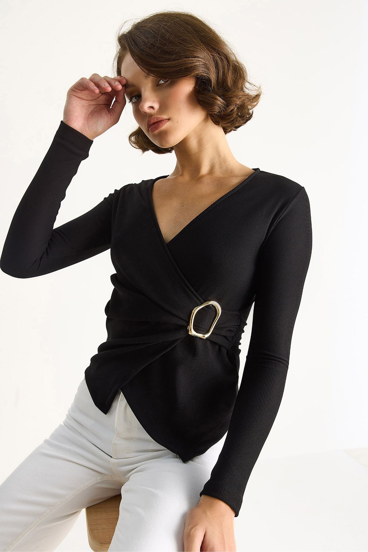 LUCCI Textured V-Neck Long-Sleeve Wrap Blouse 4