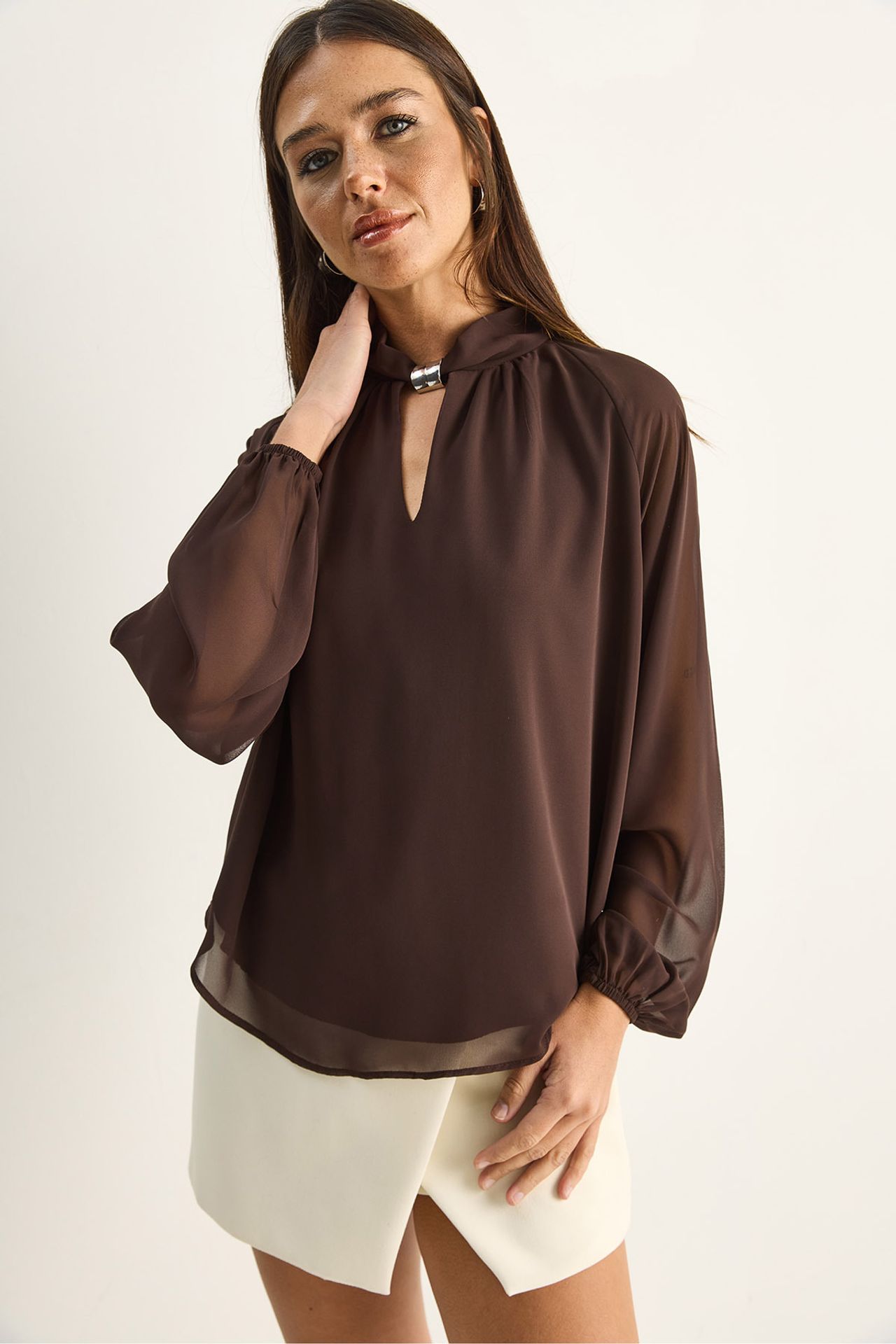 LUCCI Mandarin Collar Chiffon Blouse with Stone Accessory 6