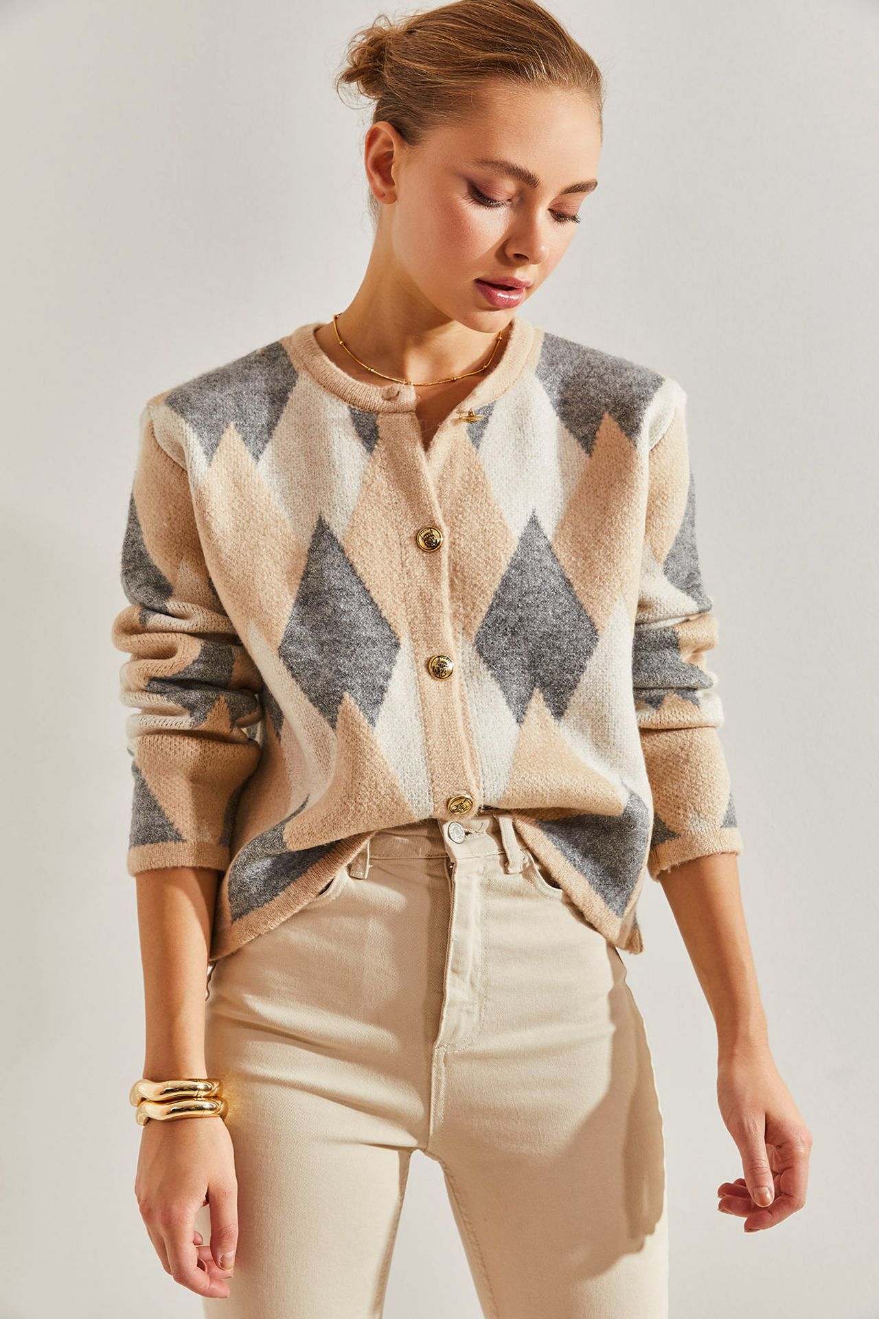 LUCCI Geometric Knitwear Button-Up Crop Cardigan 1