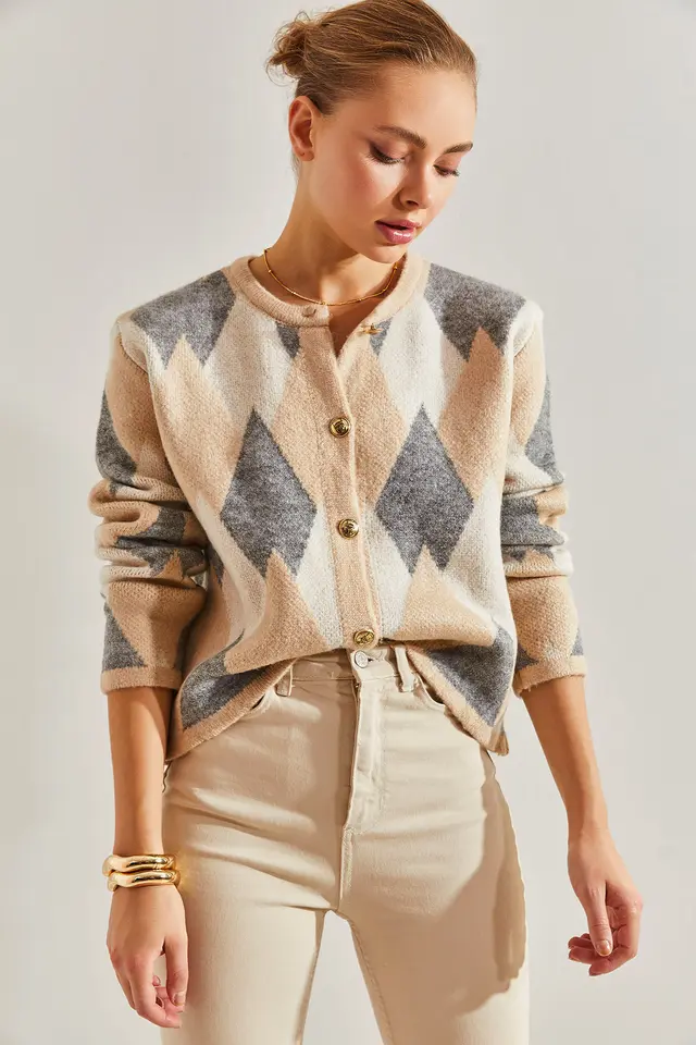 LUCCI Geometric Knitwear Button-Up Crop Cardigan