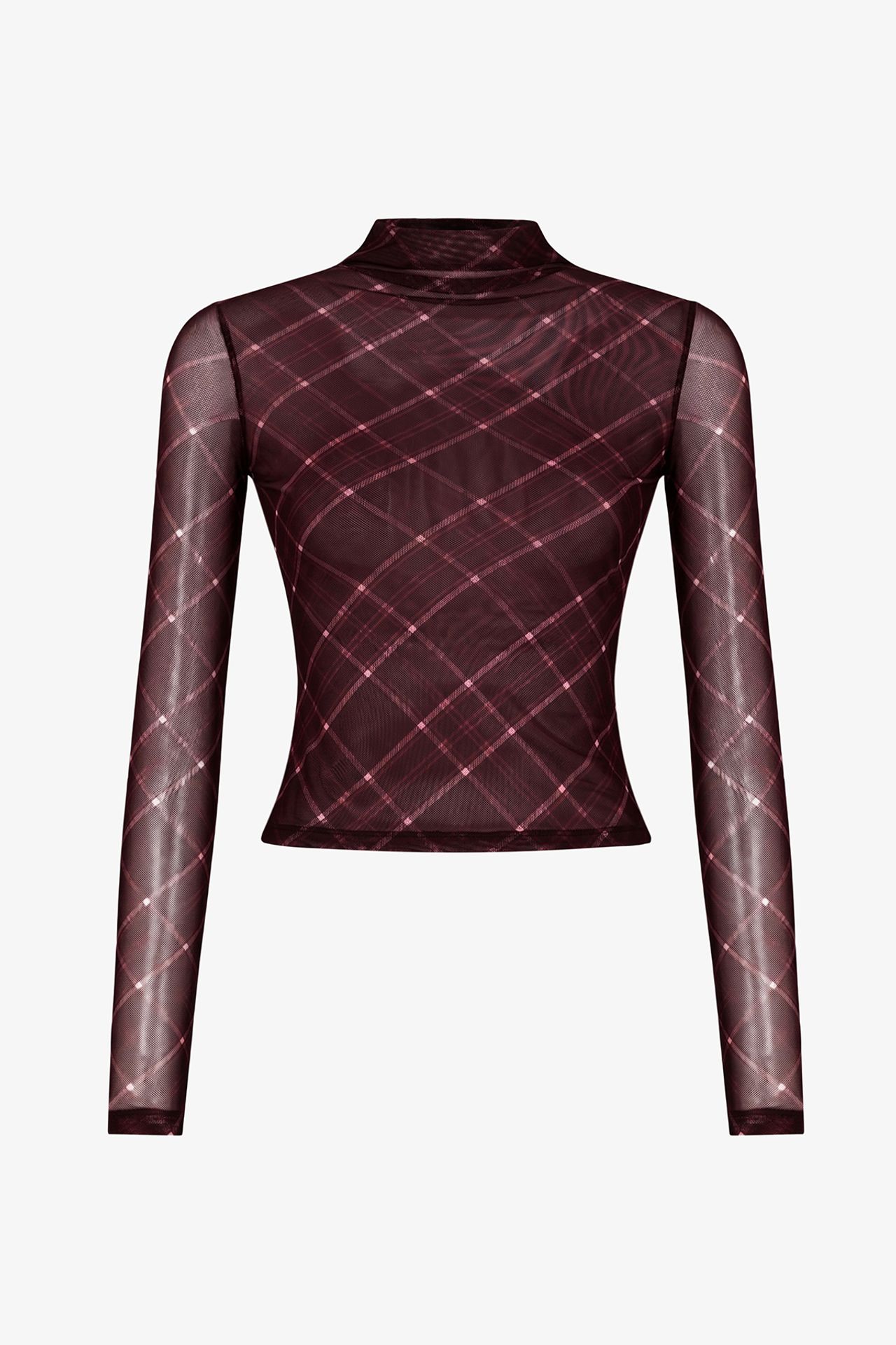 PENTI Turtleneck Checked Sheer Long Sleeve Top 2