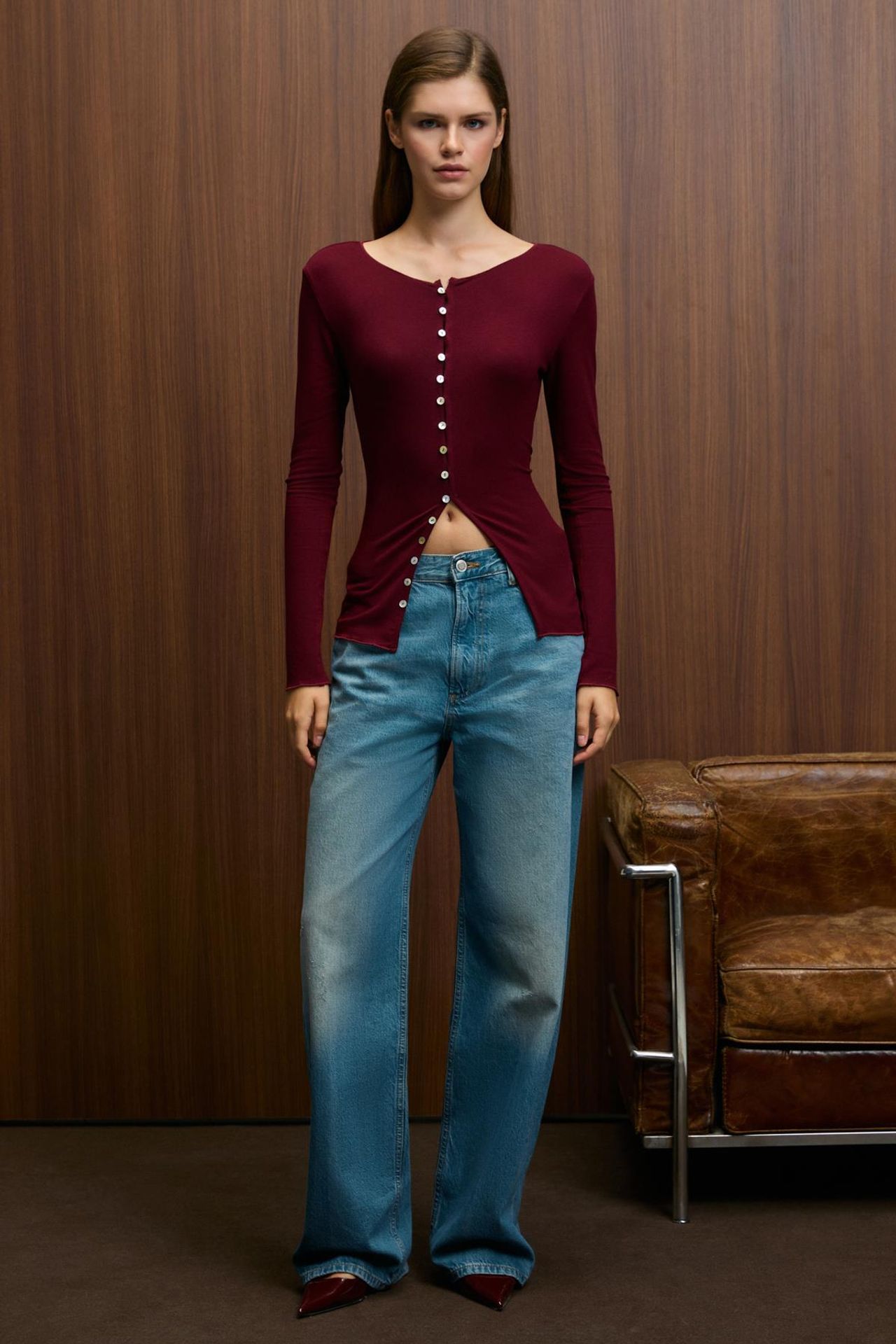 GRIMELANGE Slim Fit Crew Neck Button Blouse 5