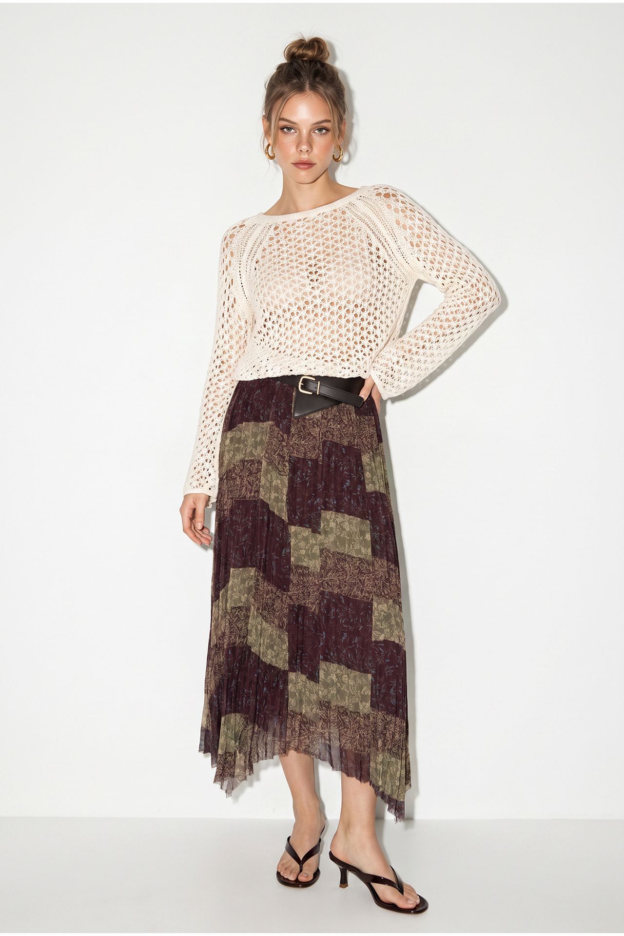 LUCCI High Waist Paisley Print Midi Skirt with Belt 2