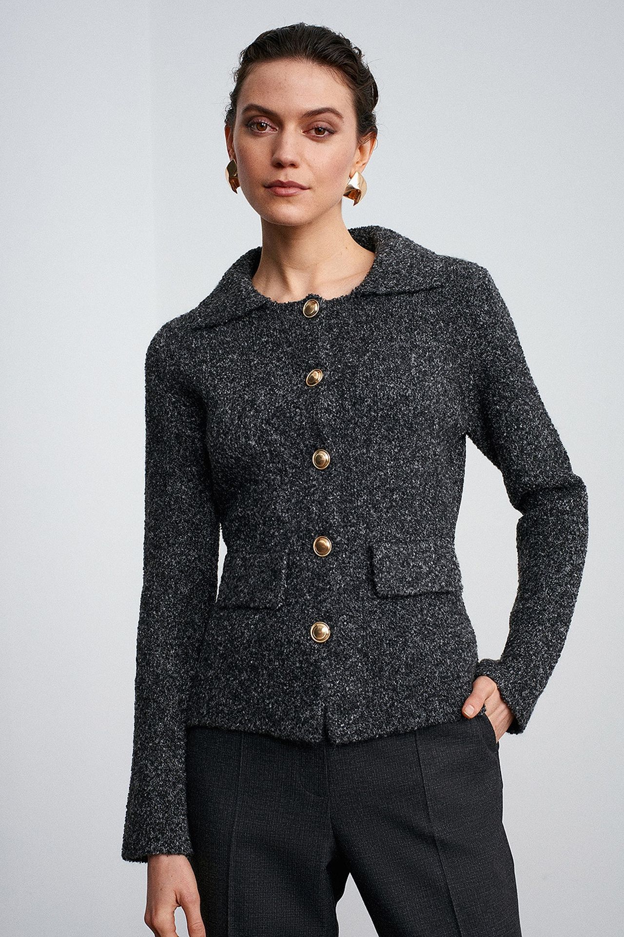 DILVIN Women's Textured Polo Collar Cardigan 1