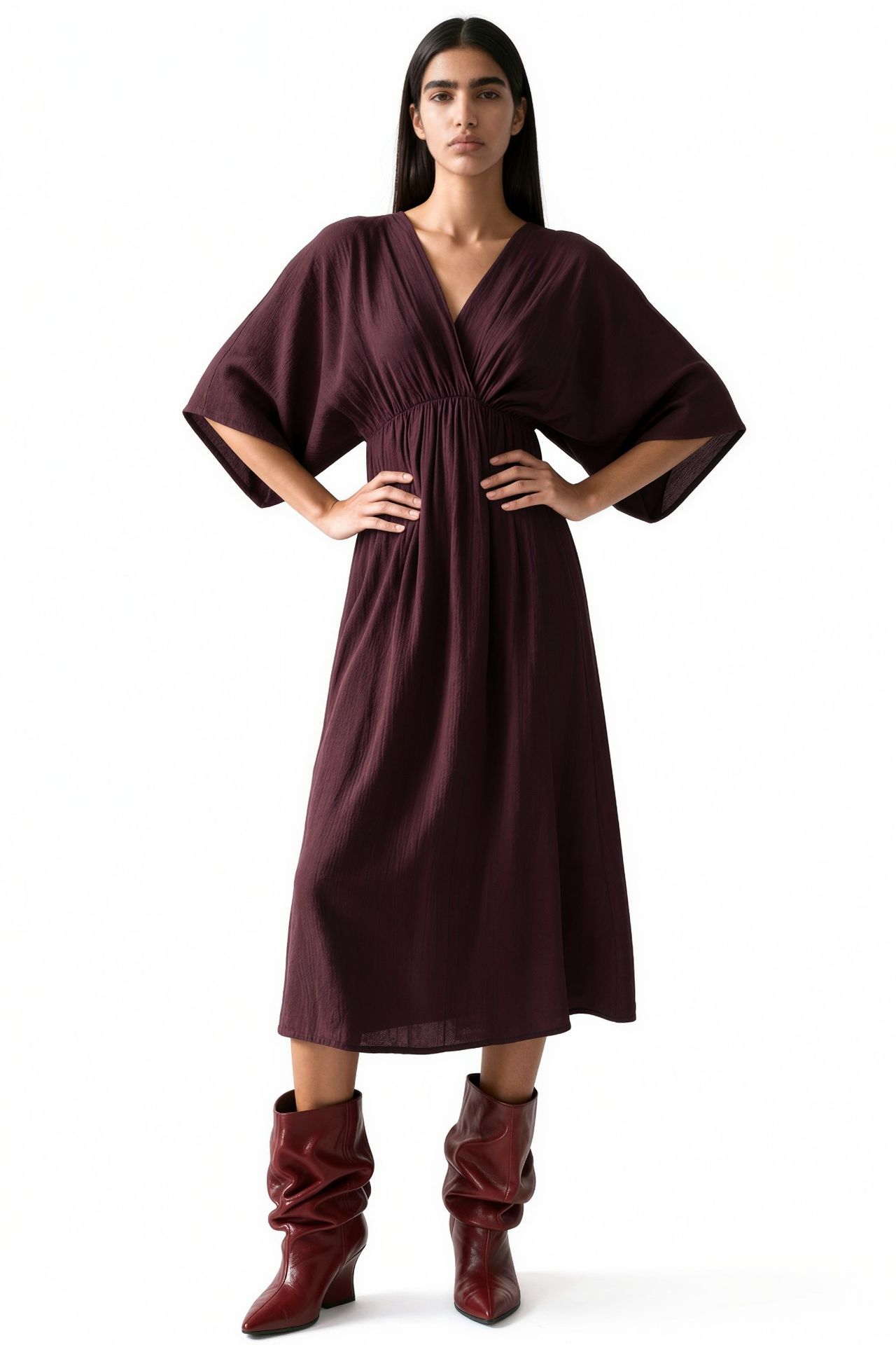 BUSEM V-Neck Midi Wrap Dress with Three Quarter Sleeves 1