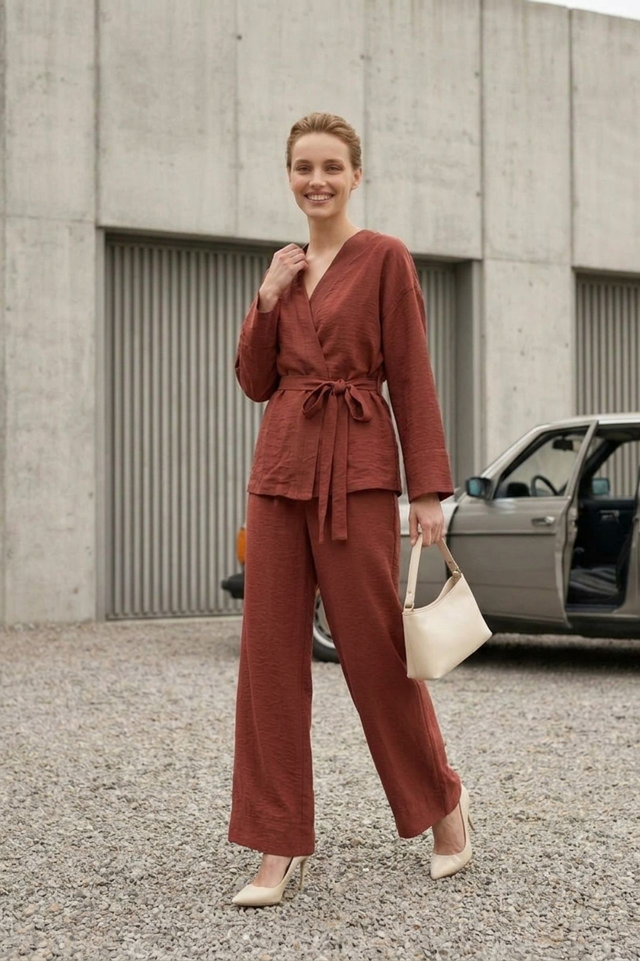 MY FASHION Belted V-neck Long Sleeve Two-Piece Set 4