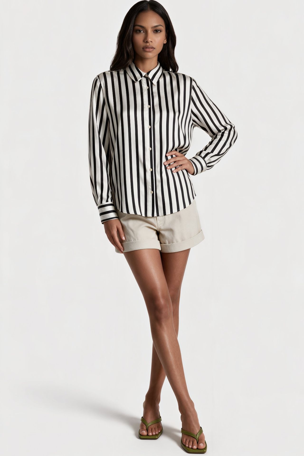 MSN Women's Oversized Striped Shirt Collar T-Shirt
