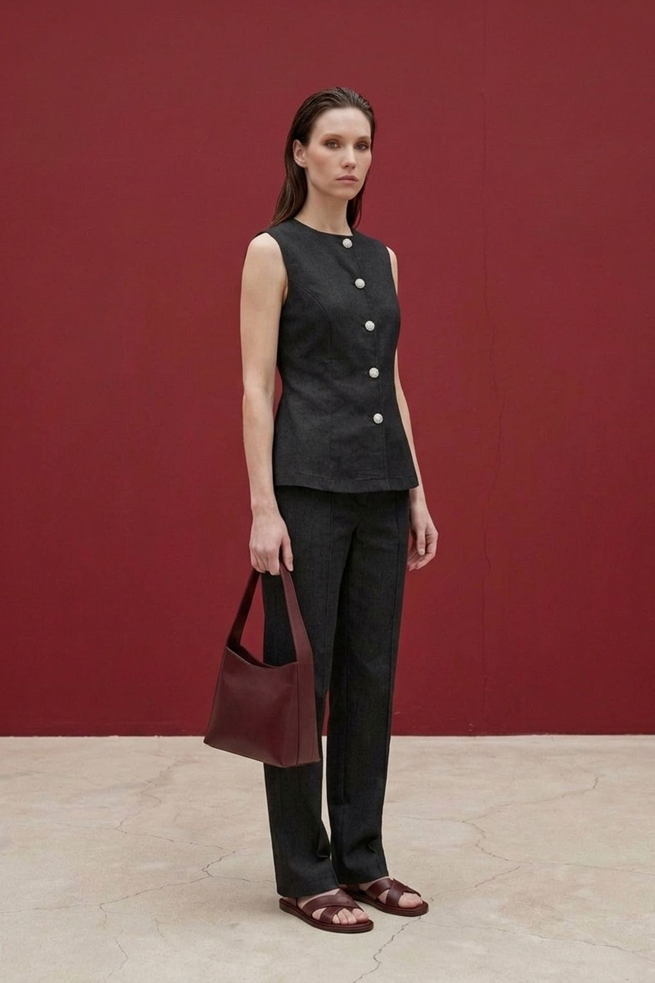MY FASHION Cotton Poplin Vest and Wide-Leg Trouser Set 3