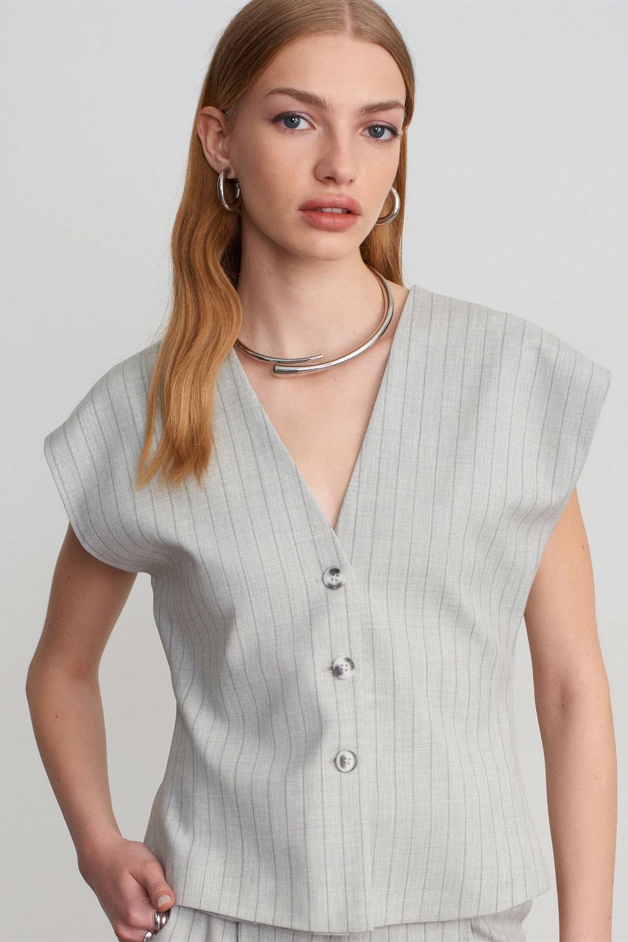 DILVIN Striped V-neck Woven Waistcoat 3