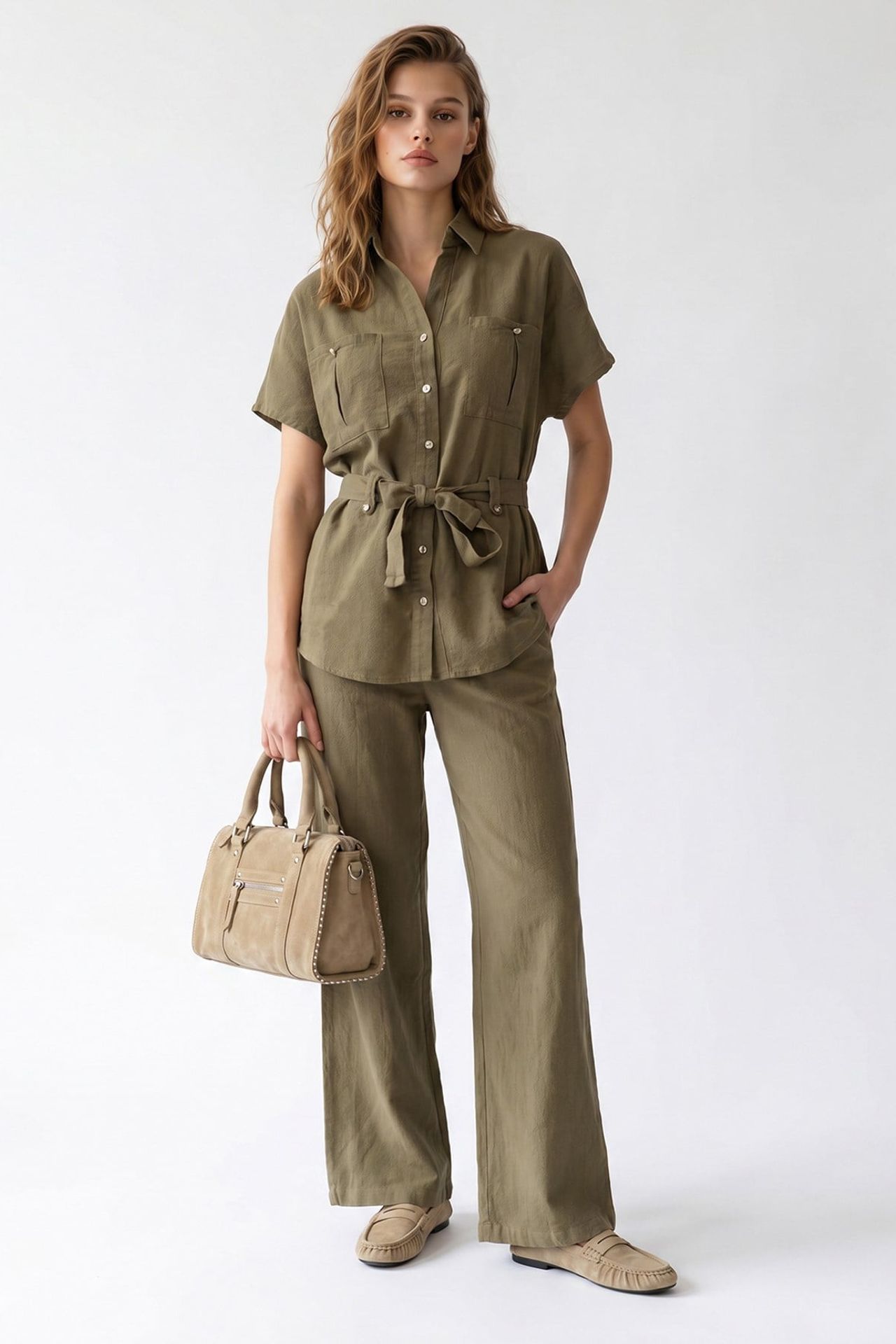 MIXRAY Cotton Shirt And Wide-Leg Trousers Set 1