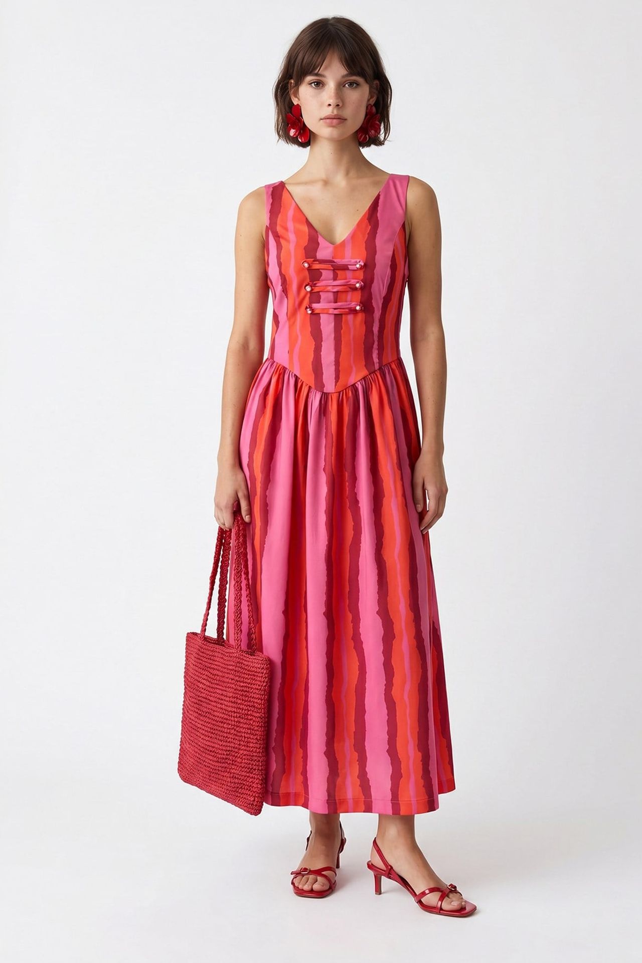 MIXRAY Striped A-line Midi Dress With Tie Detail 1