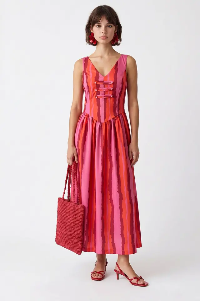 MIXRAY Striped A-line Midi Dress With Tie Detail