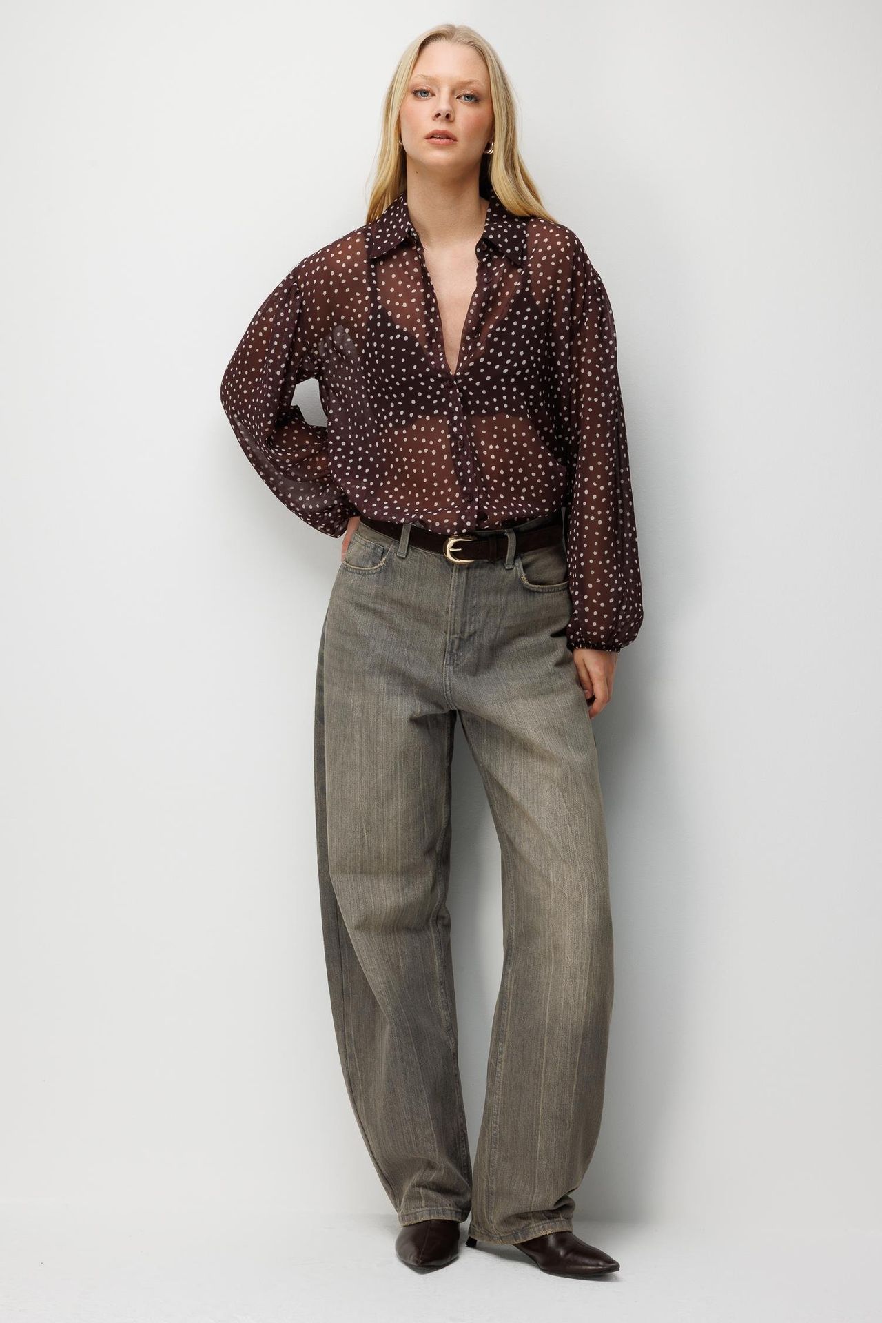MIXRAY Polka Dot Chiffon Button-Up Shirt 2