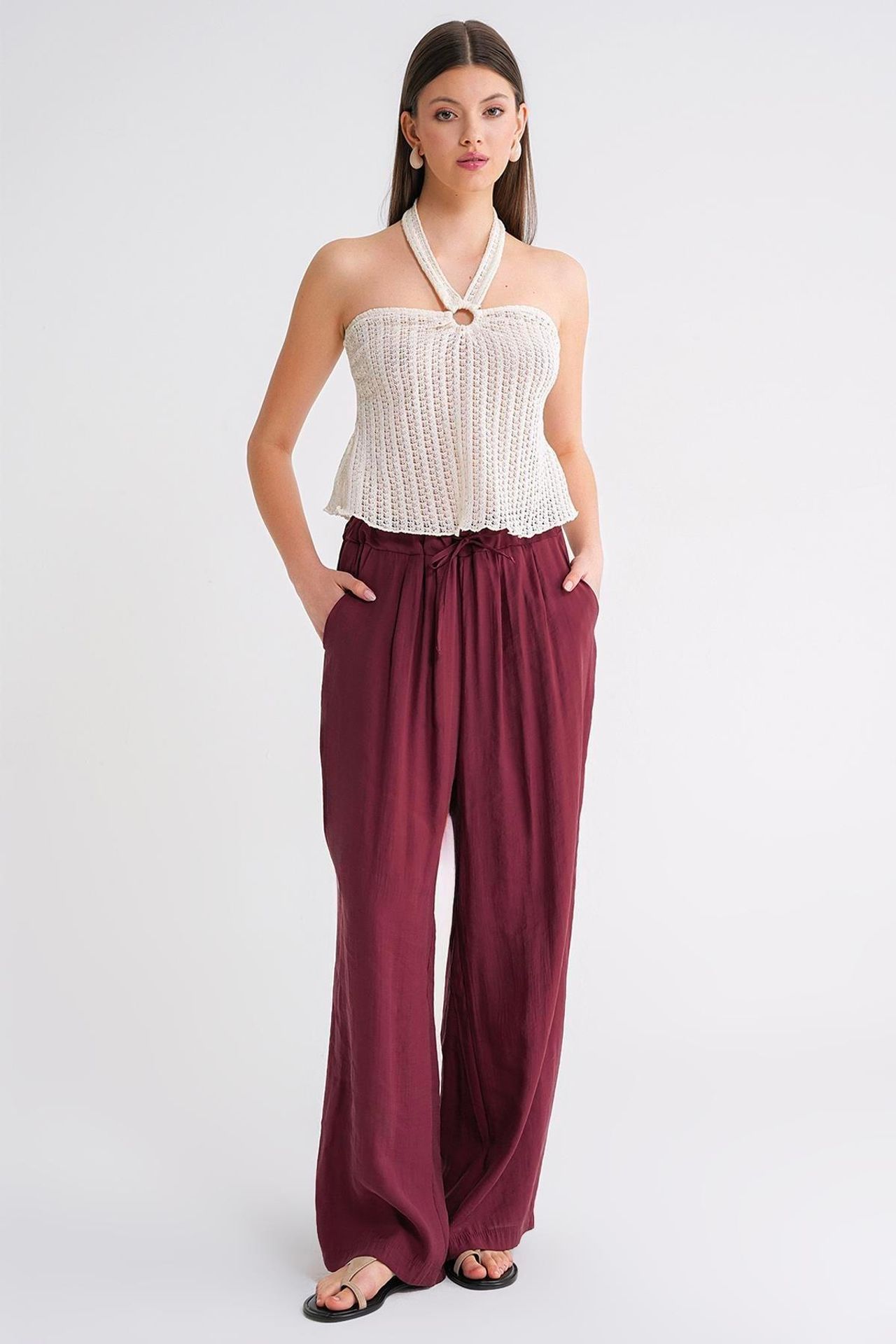Mixray High Waist Modal Pleated Palazzo Pants with Drawstring 3