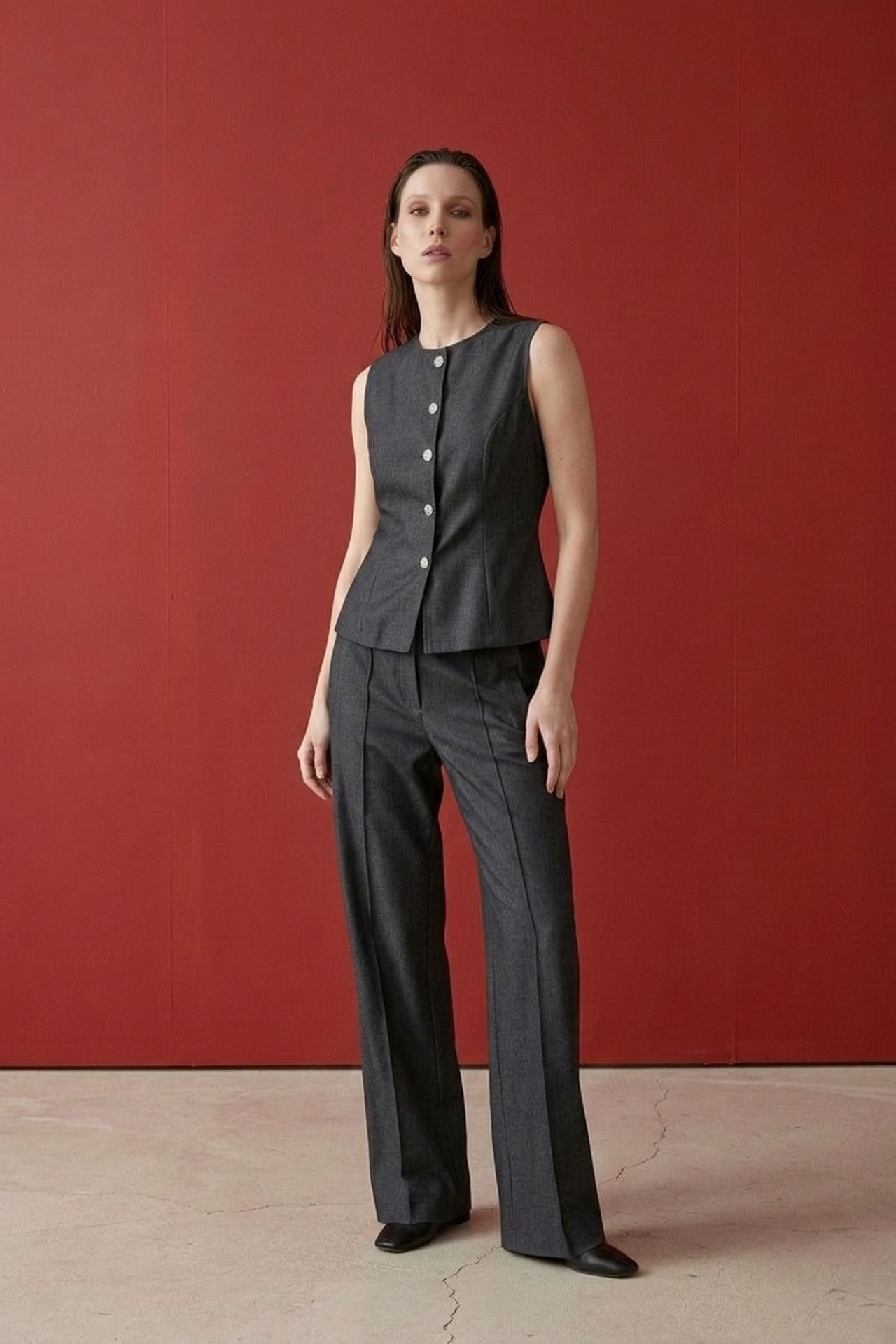 MY FASHION Cotton Poplin Vest and Wide-Leg Trouser Set 3