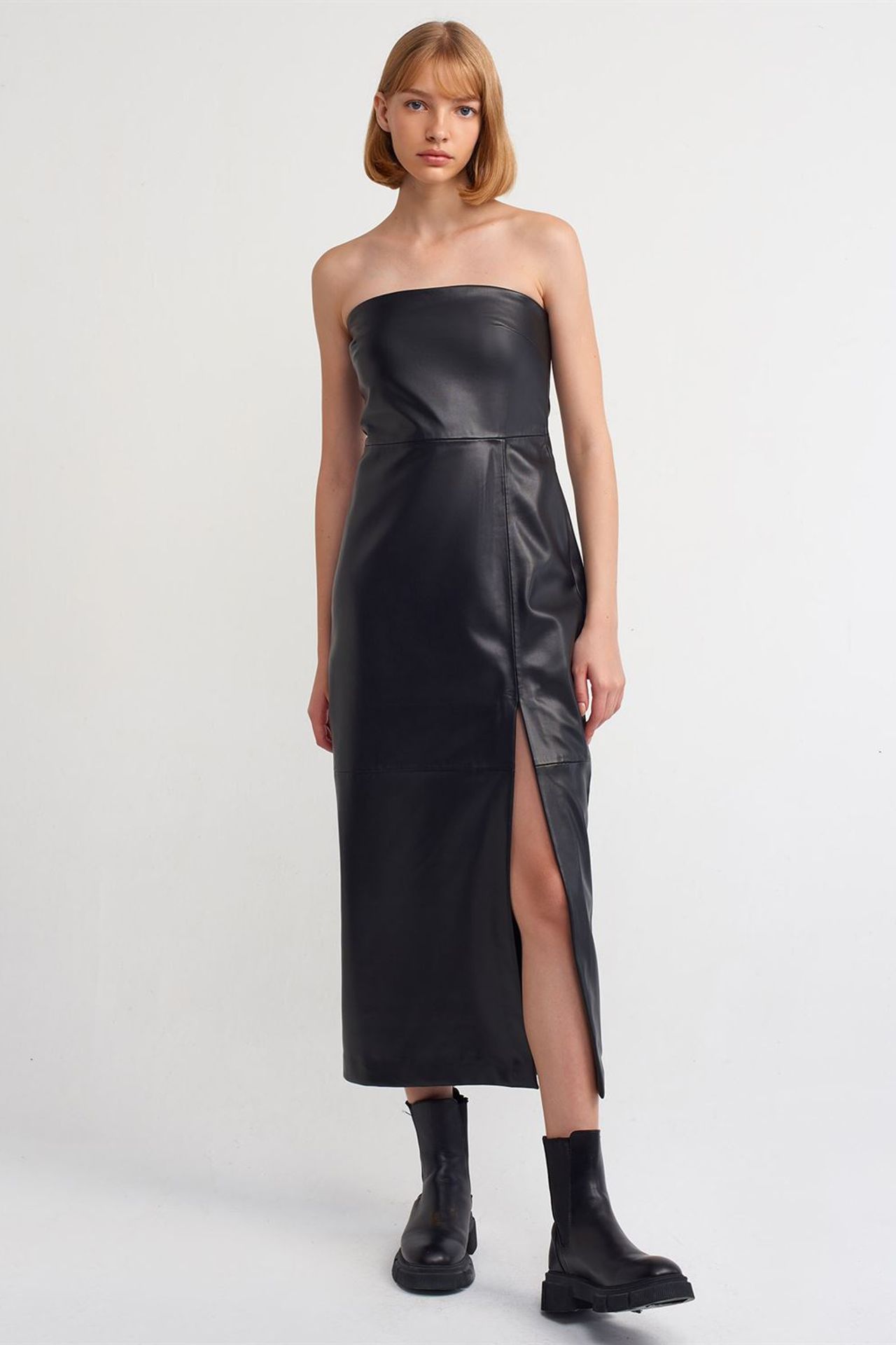DILVIN Women's Strapless Faux Leather Midi Dress 1