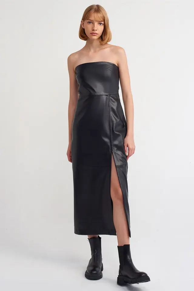 DILVIN Women's Strapless Faux Leather Midi Dress