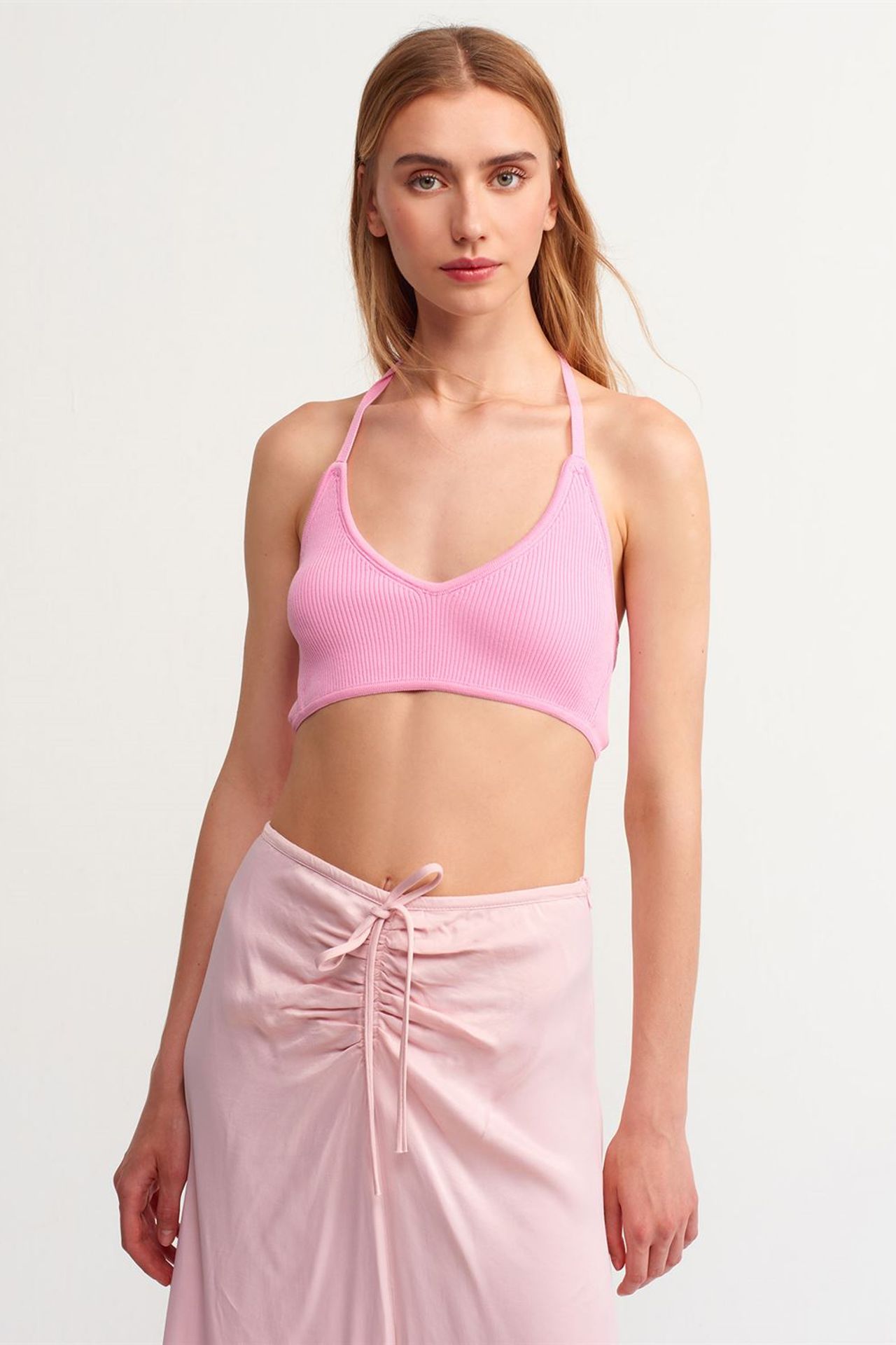 DILVIN Fitted Ribbed Halter Crop Blouse With Tie Detail 1