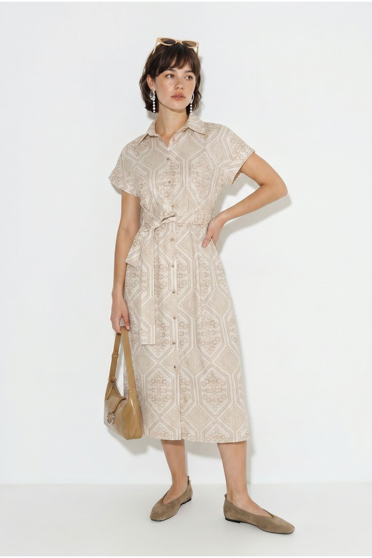 LUCCI Belted Geometric Cotton Midi Shirt Dress 4