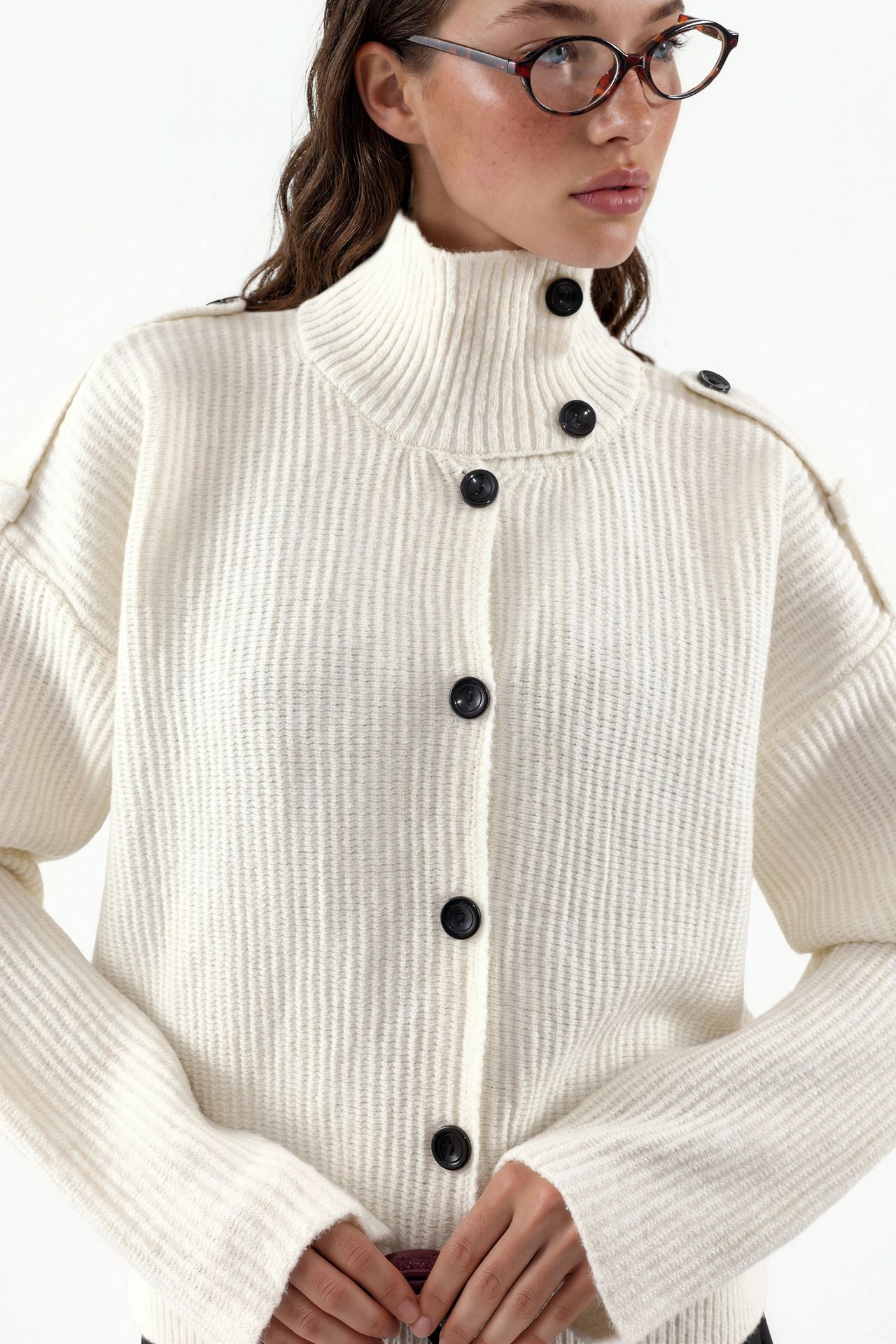 VIORNA Ribbed Half-Turtleneck Button Cardigan 5