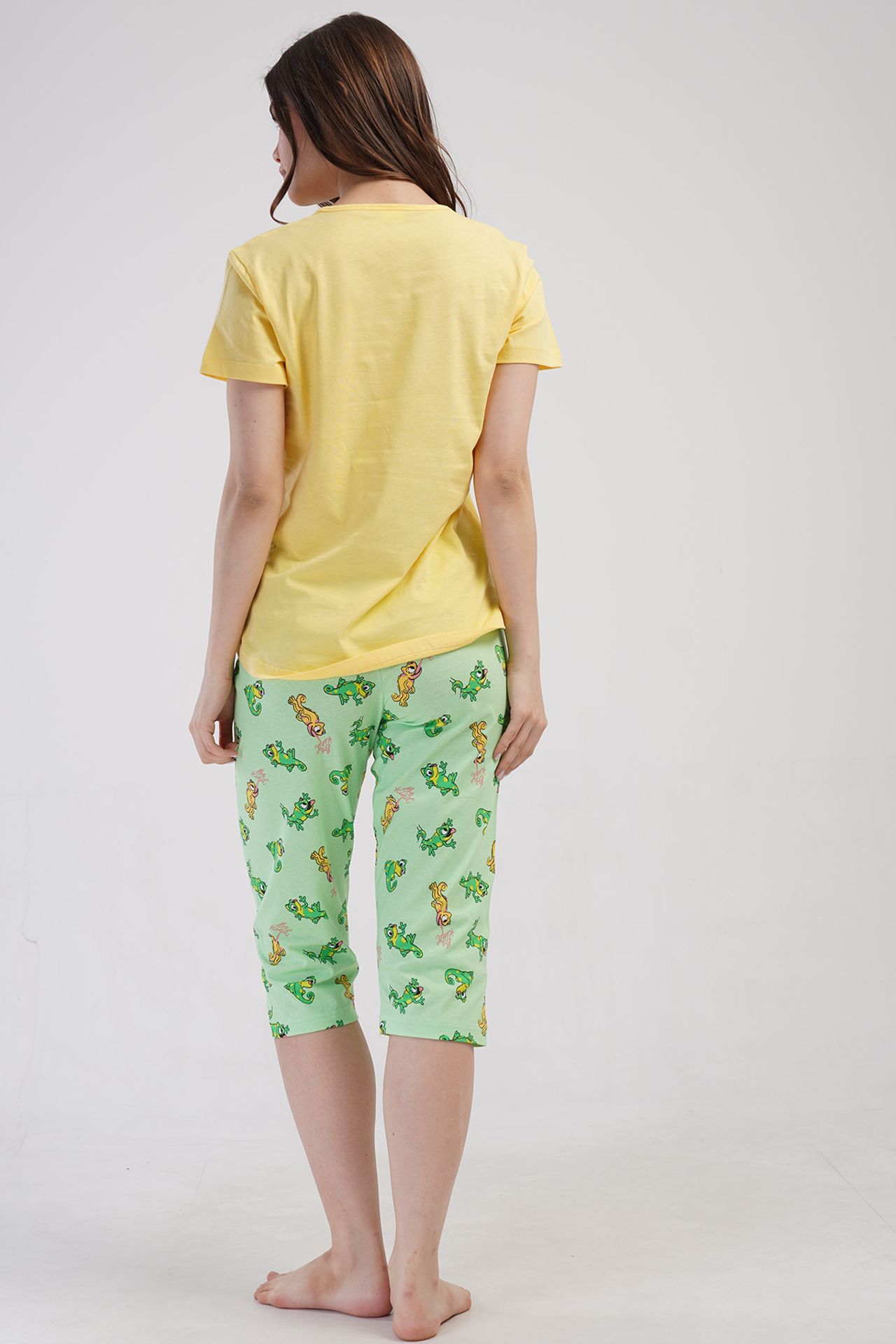 YAKE Baskılı Bisiklet Yaka 2 Parçalı Pijama Takımı 4