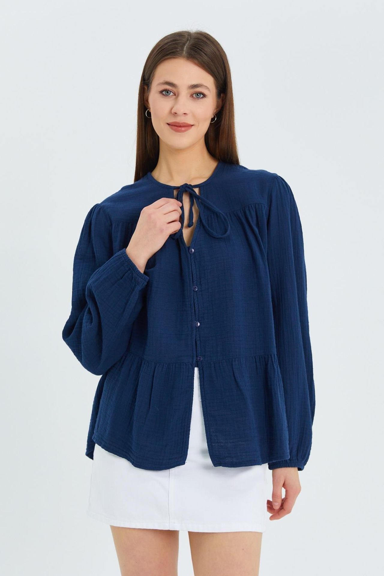 Mixray Long Sleeve Relaxed Fit Blouse with Tie-Neck 1