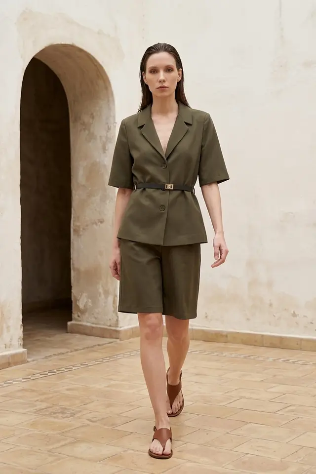 MY FASHION Belted tailored jacket with shawl collar