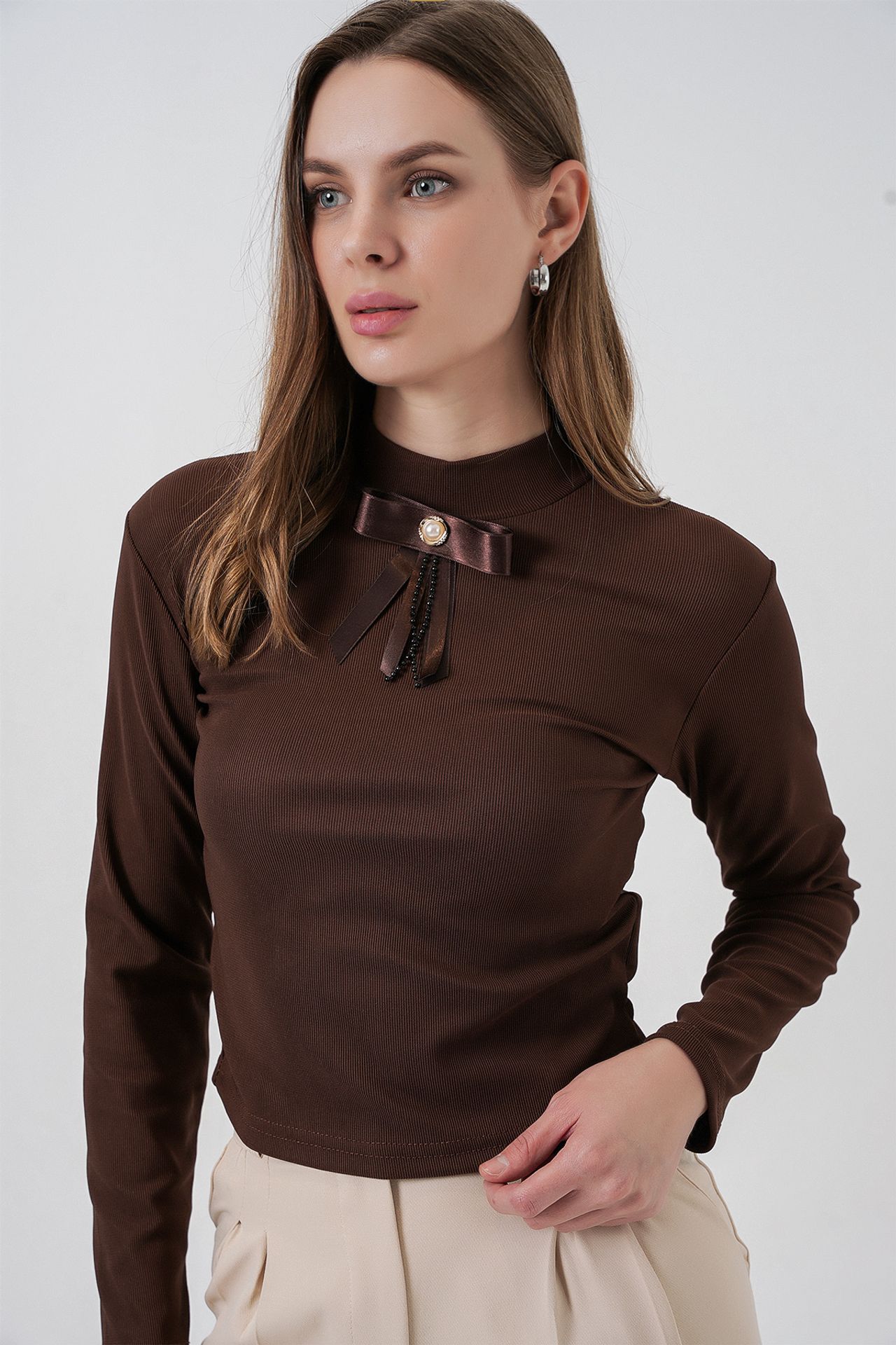 BDART Fitted Long Sleeve Half Turtleneck Blouse with Ribbon Detail 3