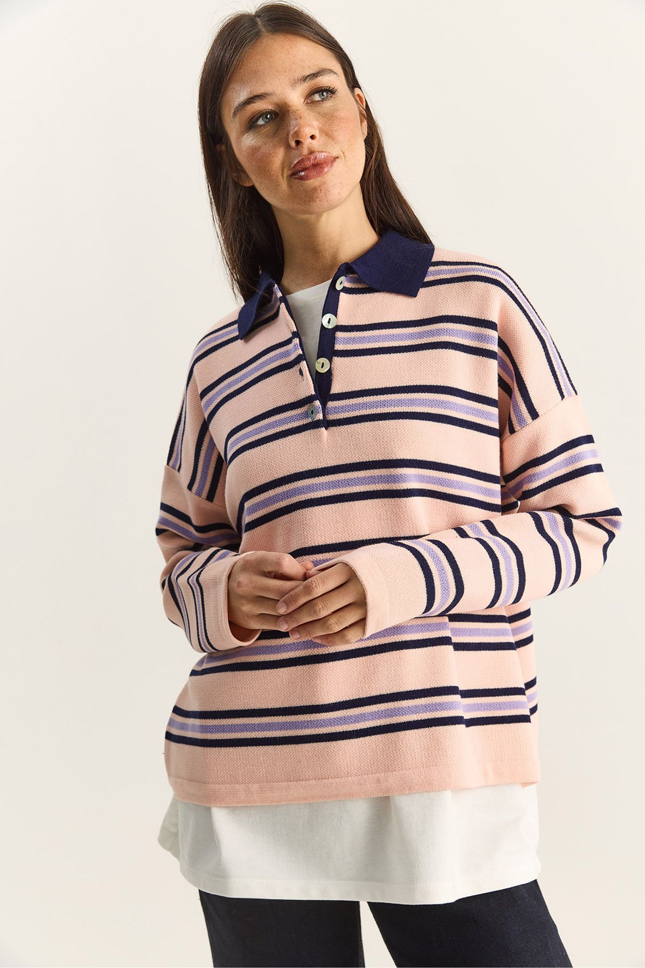 LUCCI Striped Polo Collar Button Sweater 5
