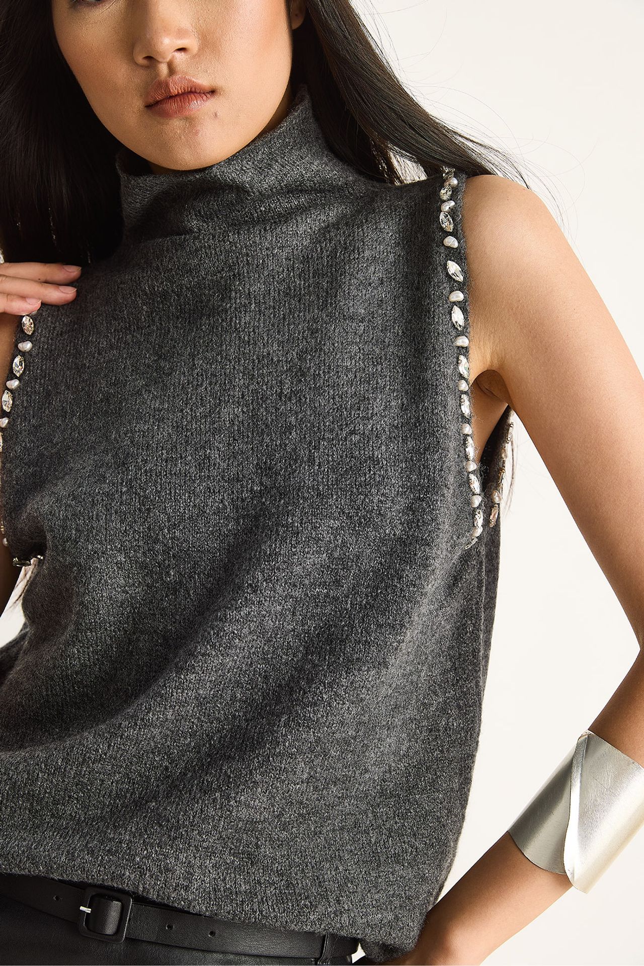 LUCCI Turtleneck Blouse with Pearl Detail