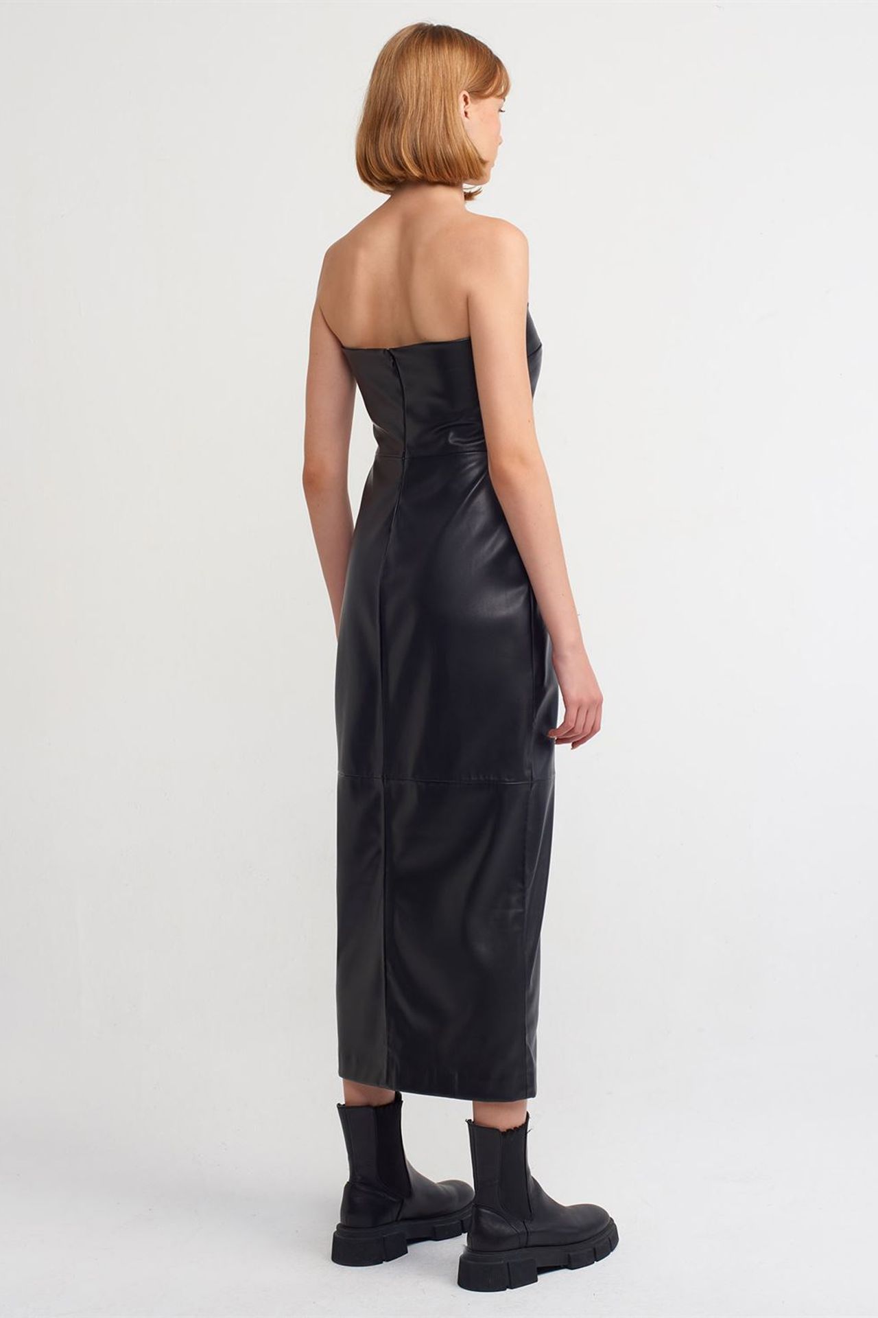 DILVIN Women's Strapless Faux Leather Midi Dress 3