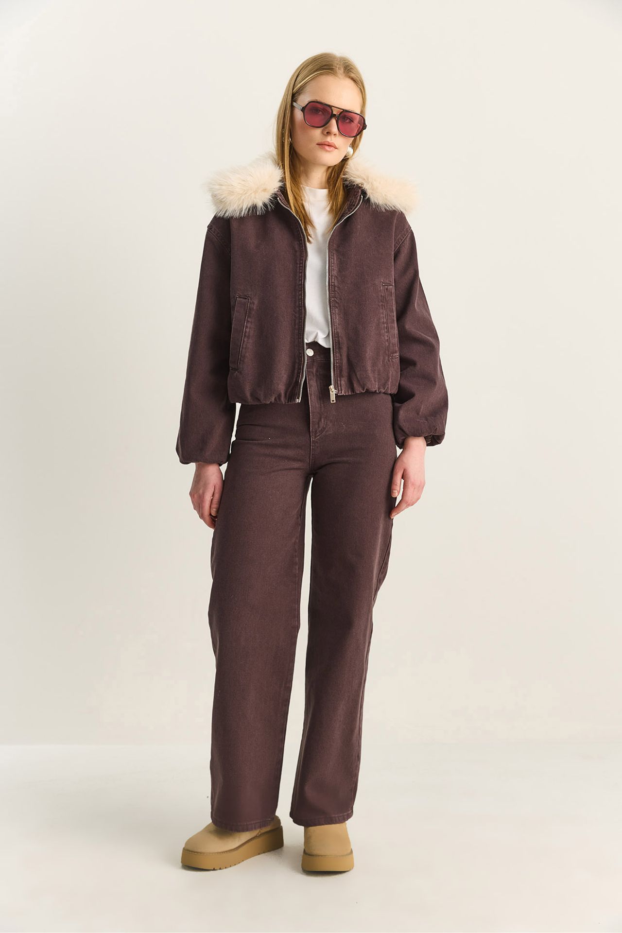 HiCCUP - Coffee Brown Lucci Crop Denim Jacket With Faux Fur Detail Women
