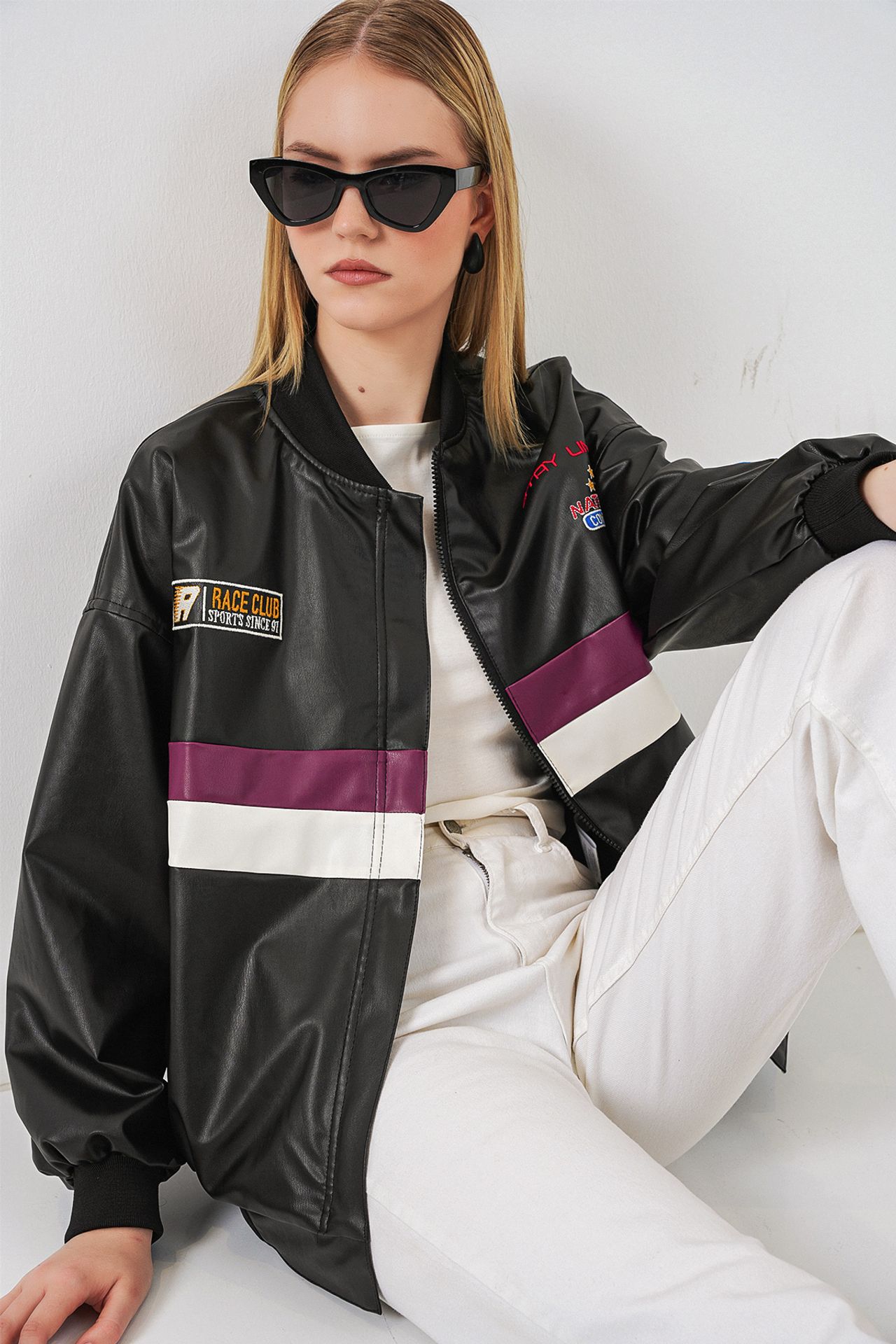 BDART Fitted Crop Faux Leather Bomber Jacket with Bow 3