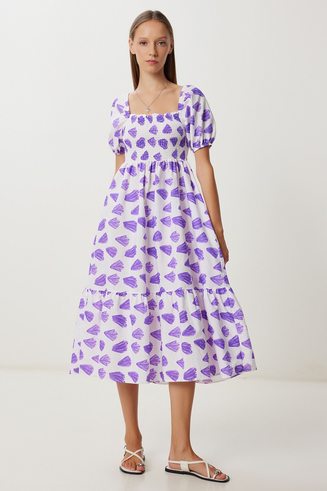 ISTANBUL Frilly Abstract Print A-Line Midi Dress with Square Collar 3