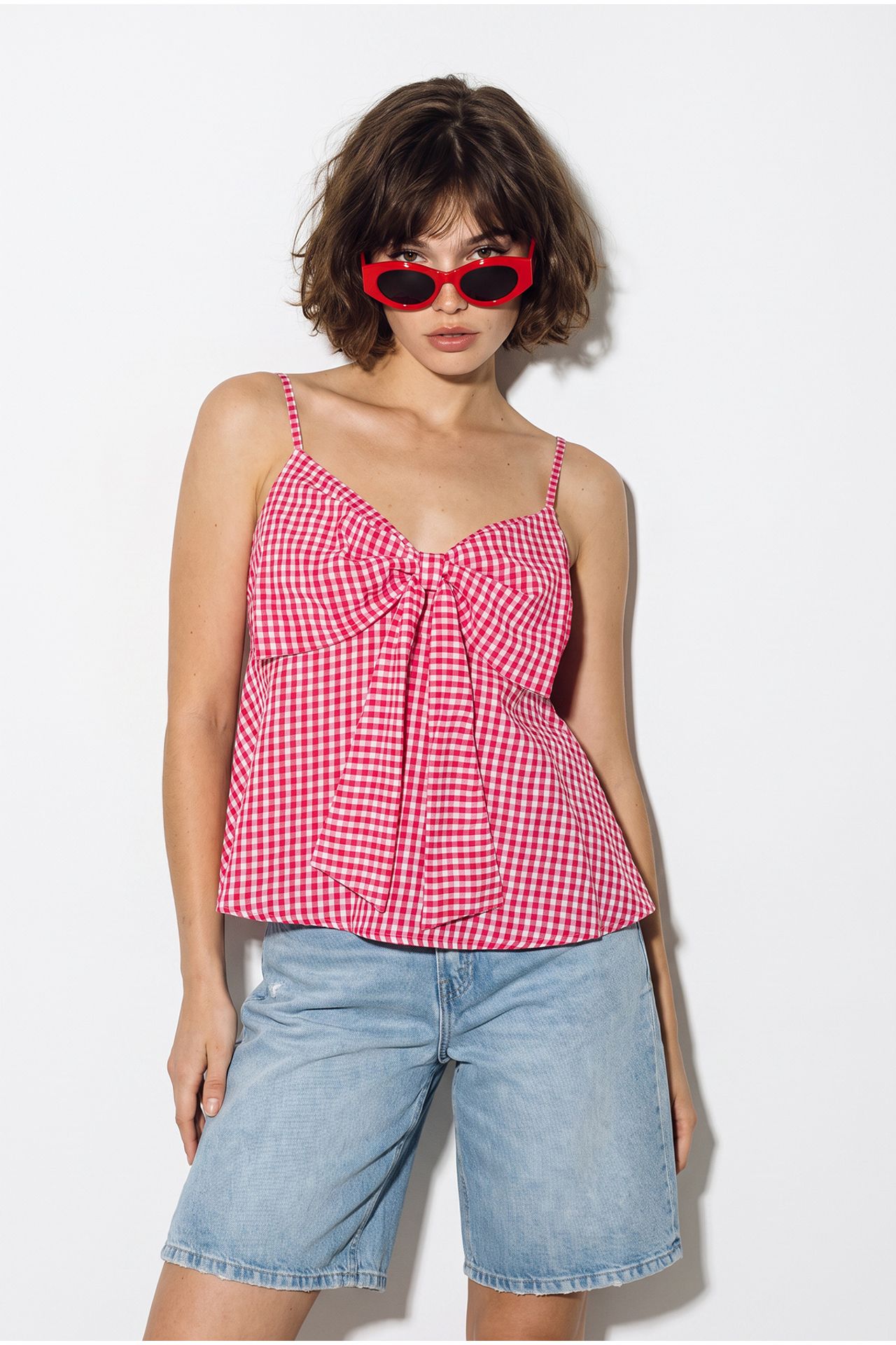 LUCCI Cotton-Blend V-Neck Cami Blouse With Bow Detail 4