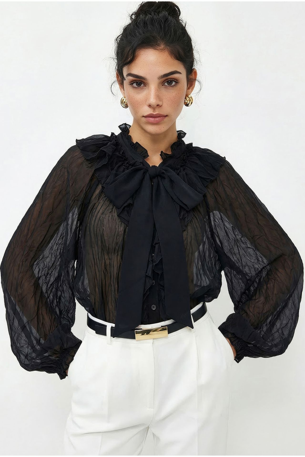 LUCCI Button-Up Crepe Blouse with Bow Detail 1