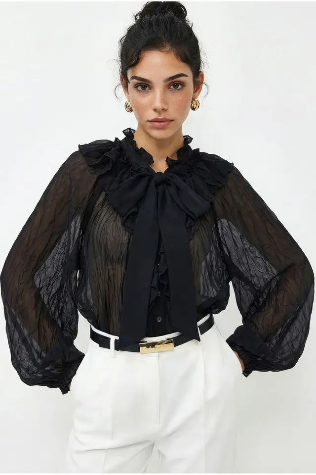LUCCI Button-Up Crepe Blouse with Bow Detail