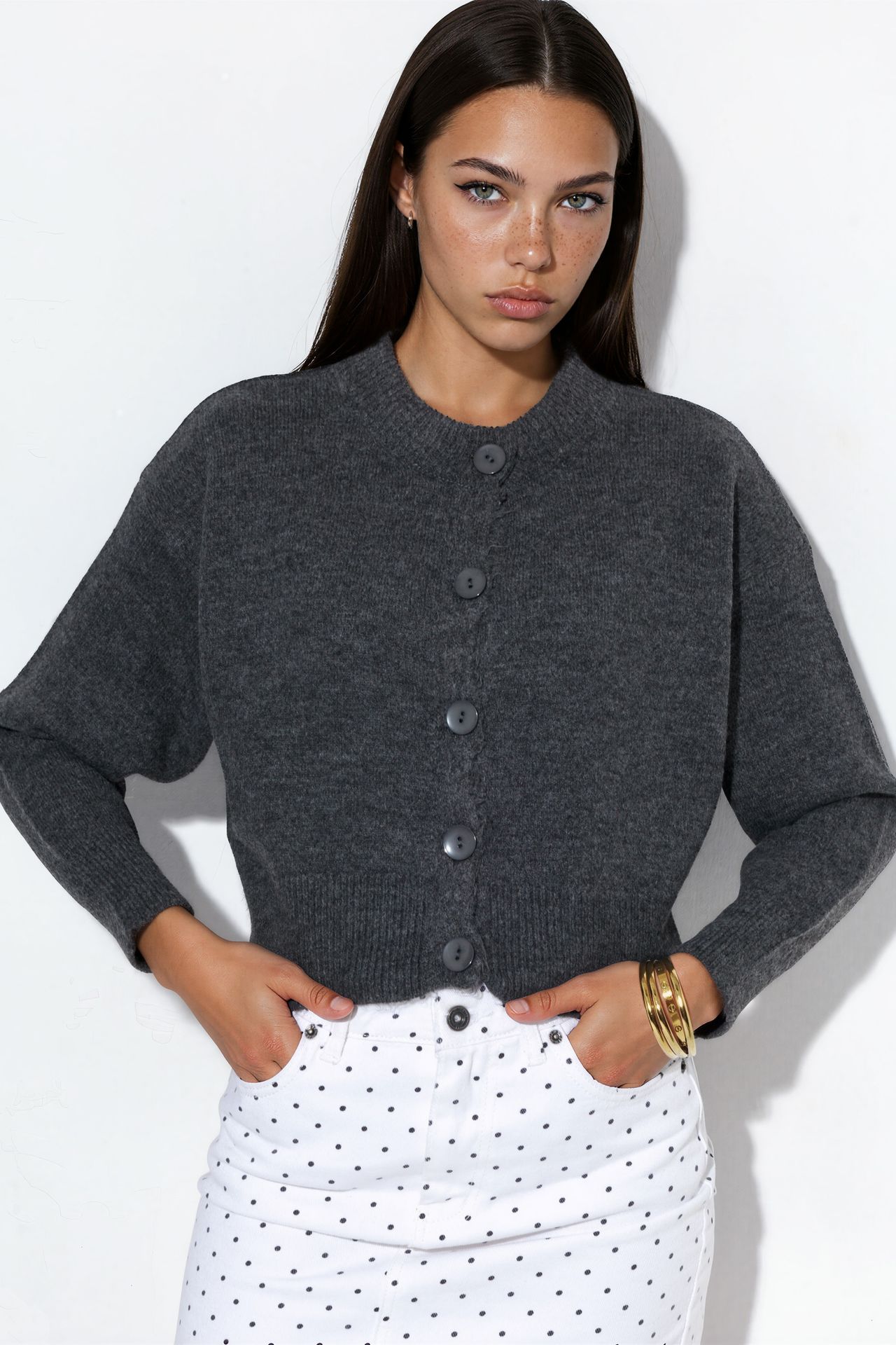 VIORNA Crop Ribbed Cardigan With Buttons 1