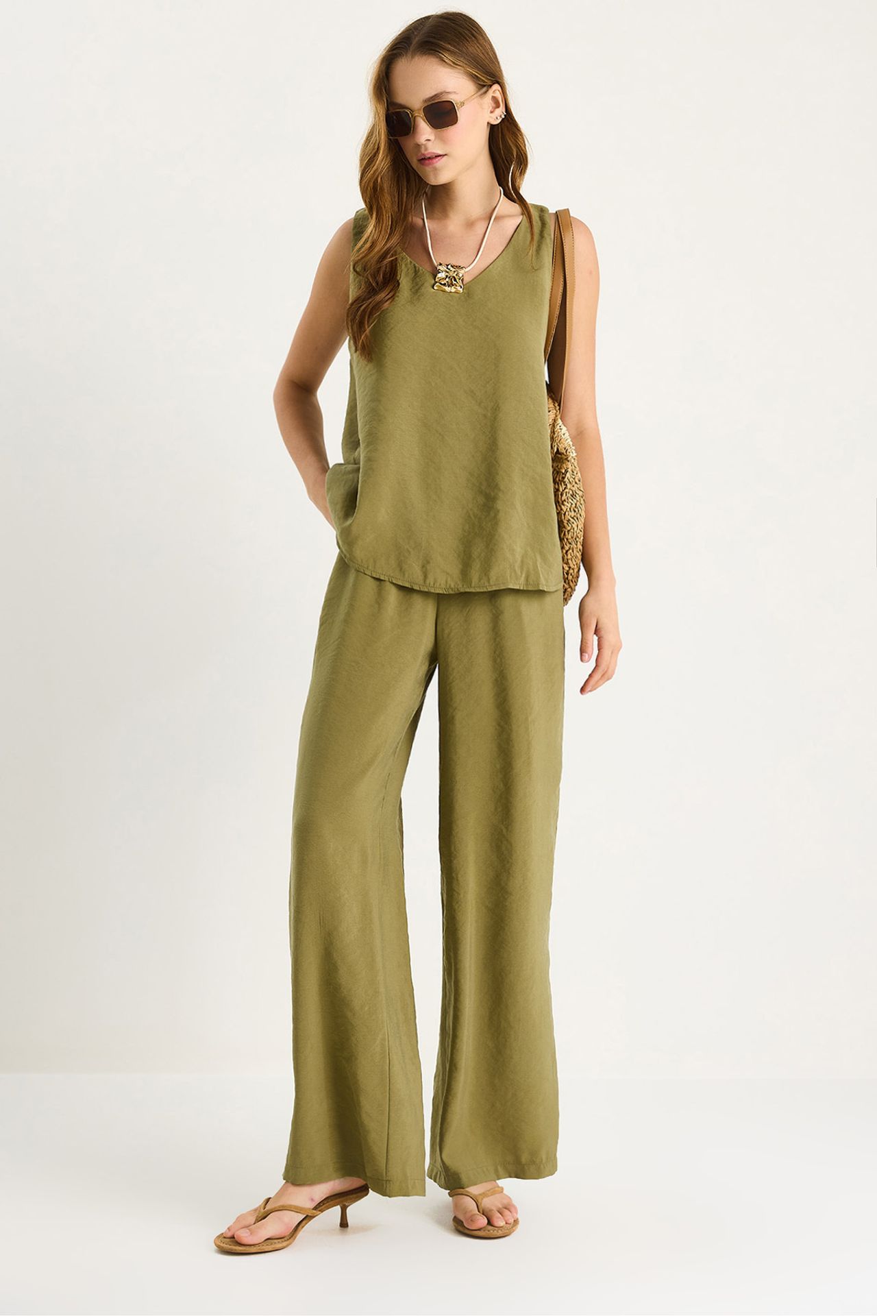 LUCCI V-Neck Cotton Blouse-Pants Two-Piece Set 1