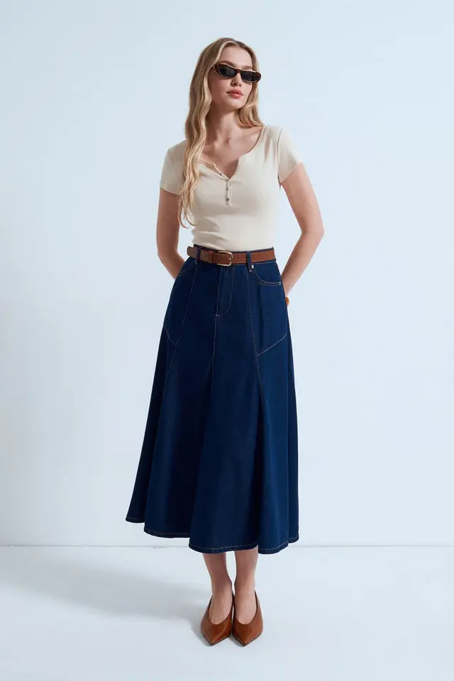 DILVIN High-Waist Midi A-Line Denim Skirt