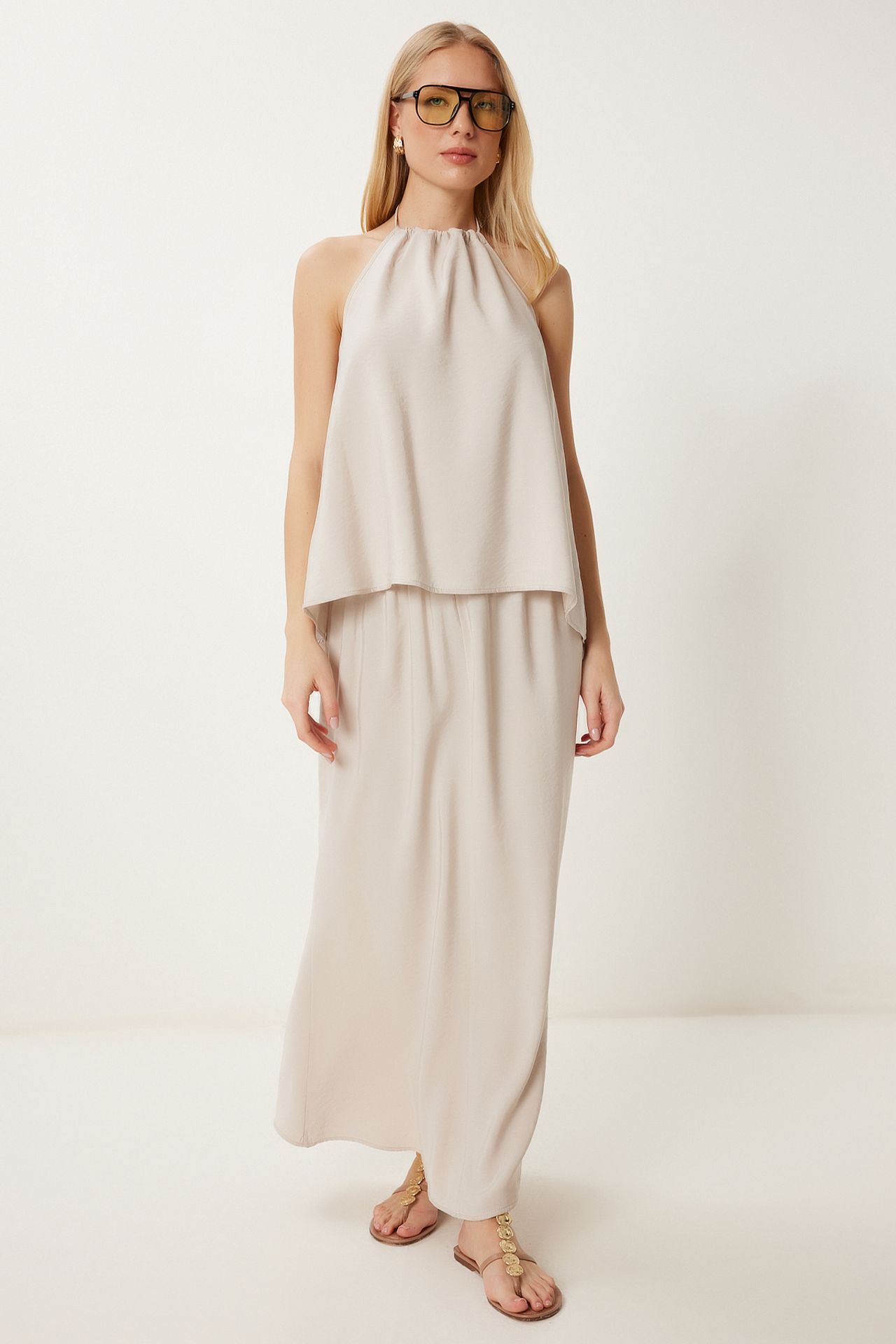 ISTANBUL Halter Tie-Detail Blouse and Wide-Leg Skirt Set 1