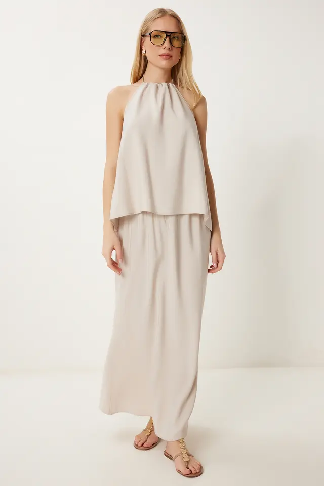 ISTANBUL Halter Tie-Detail Blouse and Wide-Leg Skirt Set