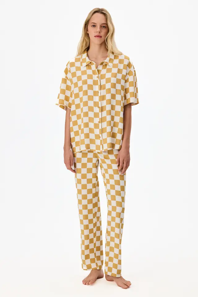 PENTI Hannah Dama Pattern Short Sleeve Shirt And Trousers Pajama Set